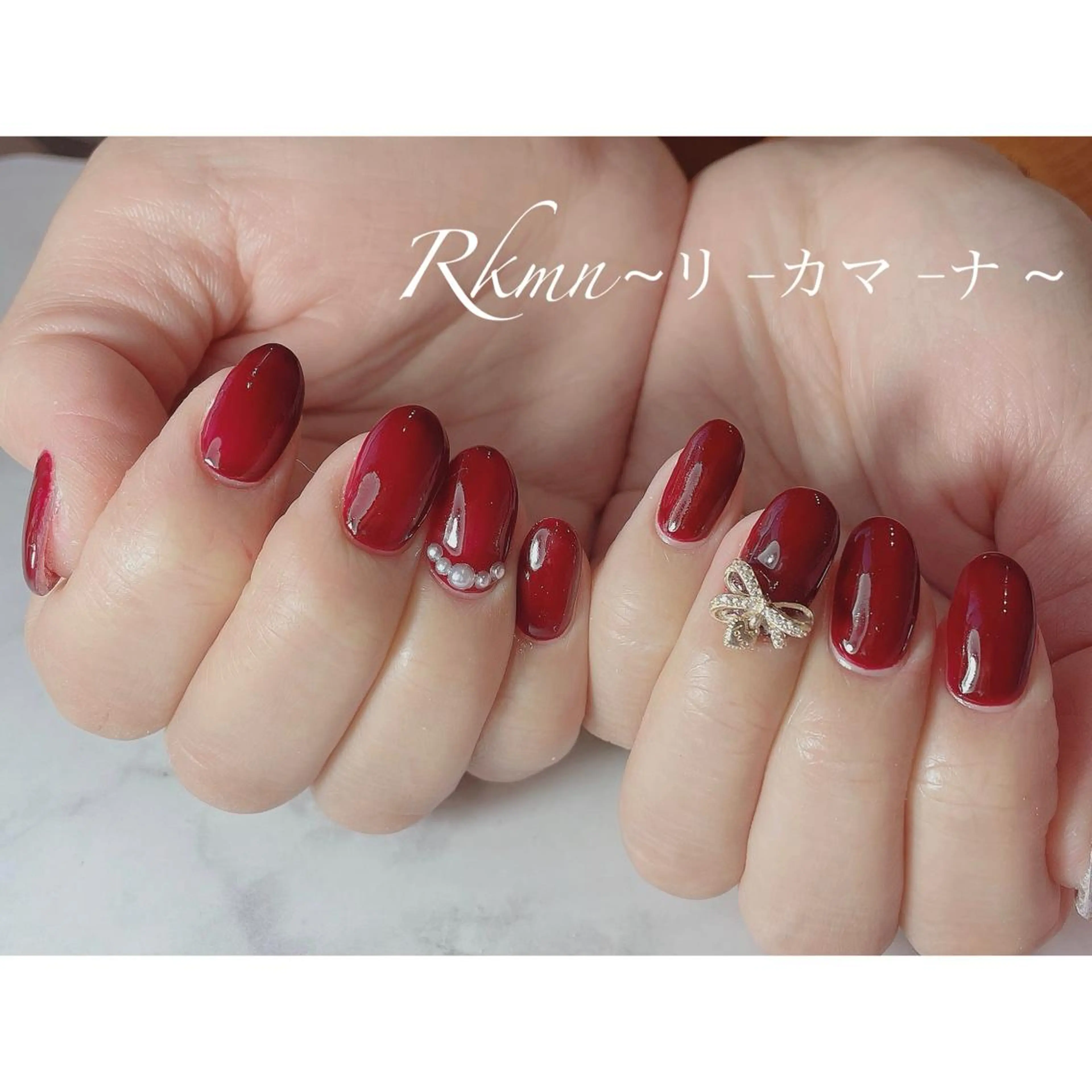 ネイル アートネイル ボルドー リボン 春ネイル ハンドネイル フットネイル ハンドケア Rkmn ~リ-カマ-ナ~のネイルデザイン