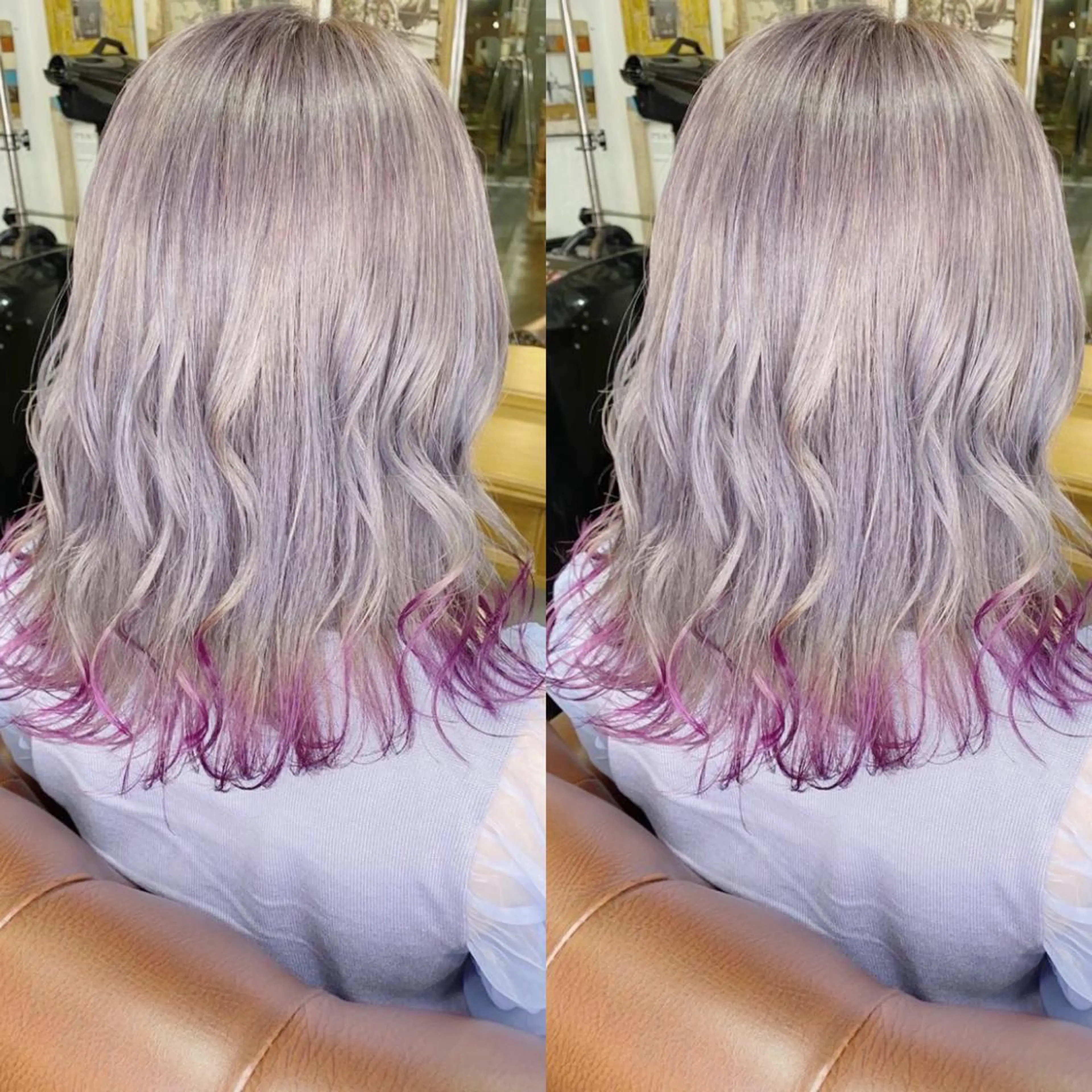 ミディアム カラー バレイヤージュ ブリーチ ブロンド ダブルカラー イヤリングカラー ヘアカラー モモカ/ハイトーン /バレイヤージュのヘアスタイル