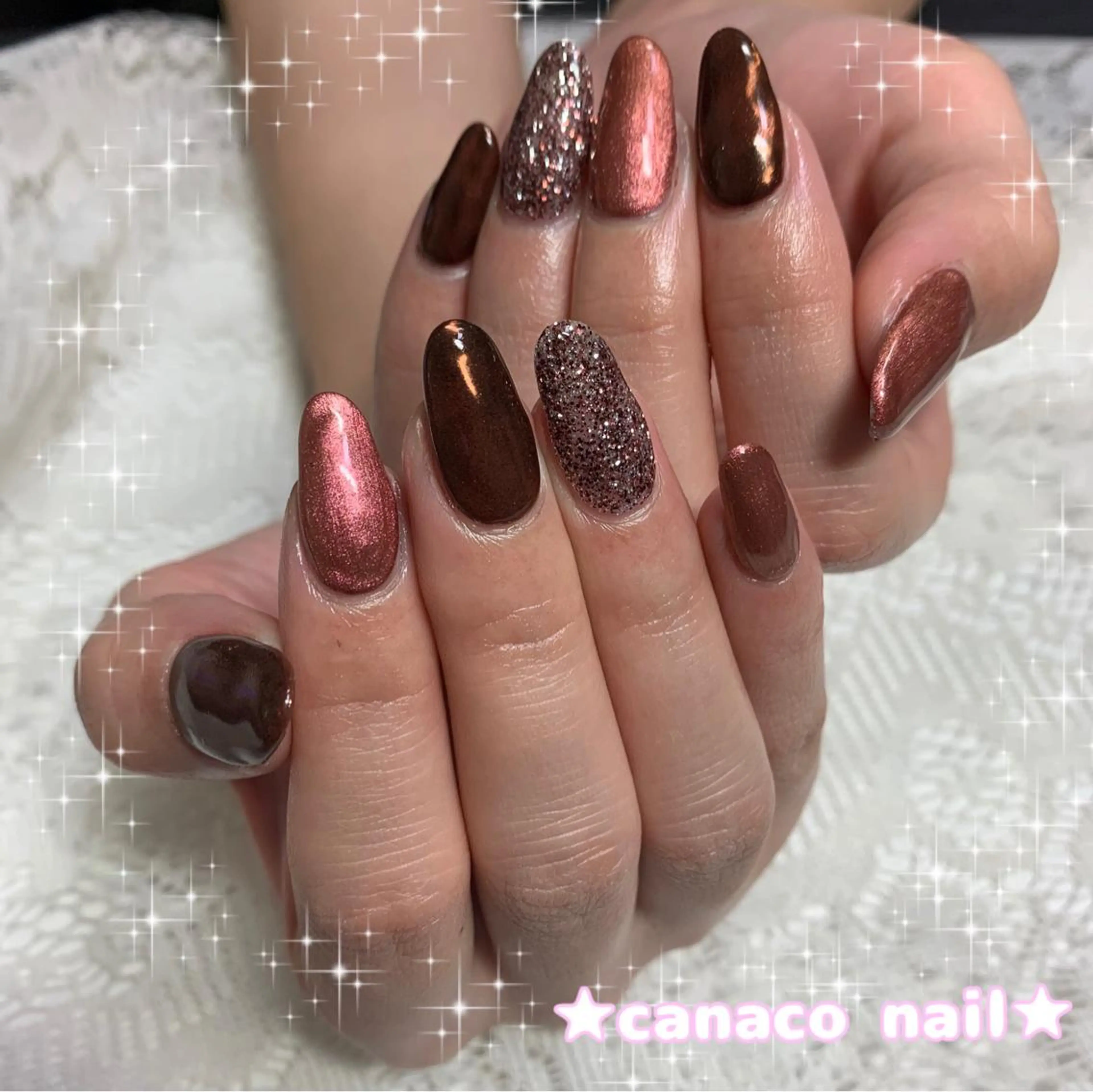 ネイル アートネイル オーロラネイル ブラウン ジェルネイル ミラーネイル ハンドネイル ハンドケア ベテランネイル cnc nailのネイルデザイン