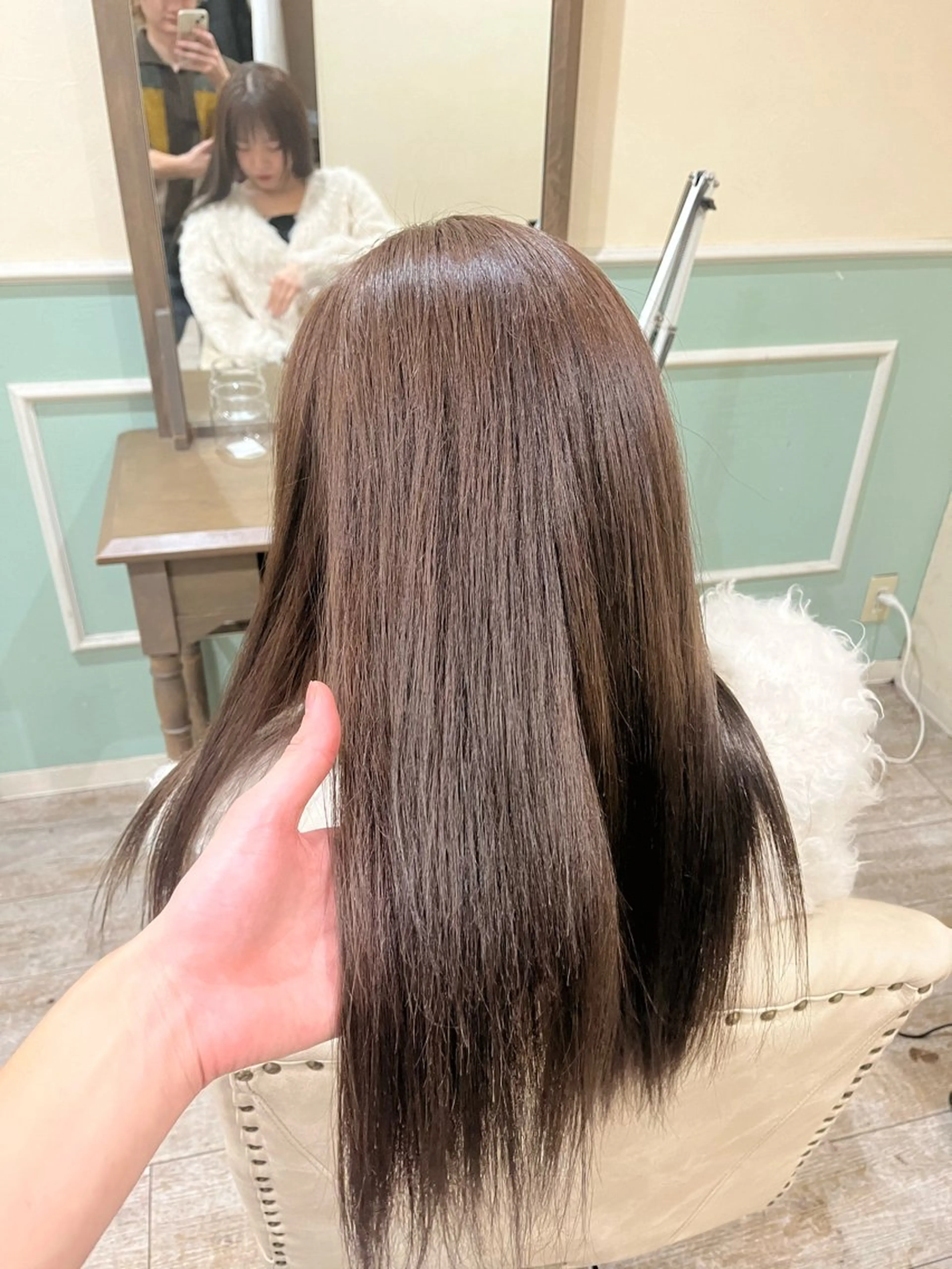 ロング カラー 髪質改善 ヘアカラー ショートボブモデル縮 毛艶髪津田パーマのヘアスタイル