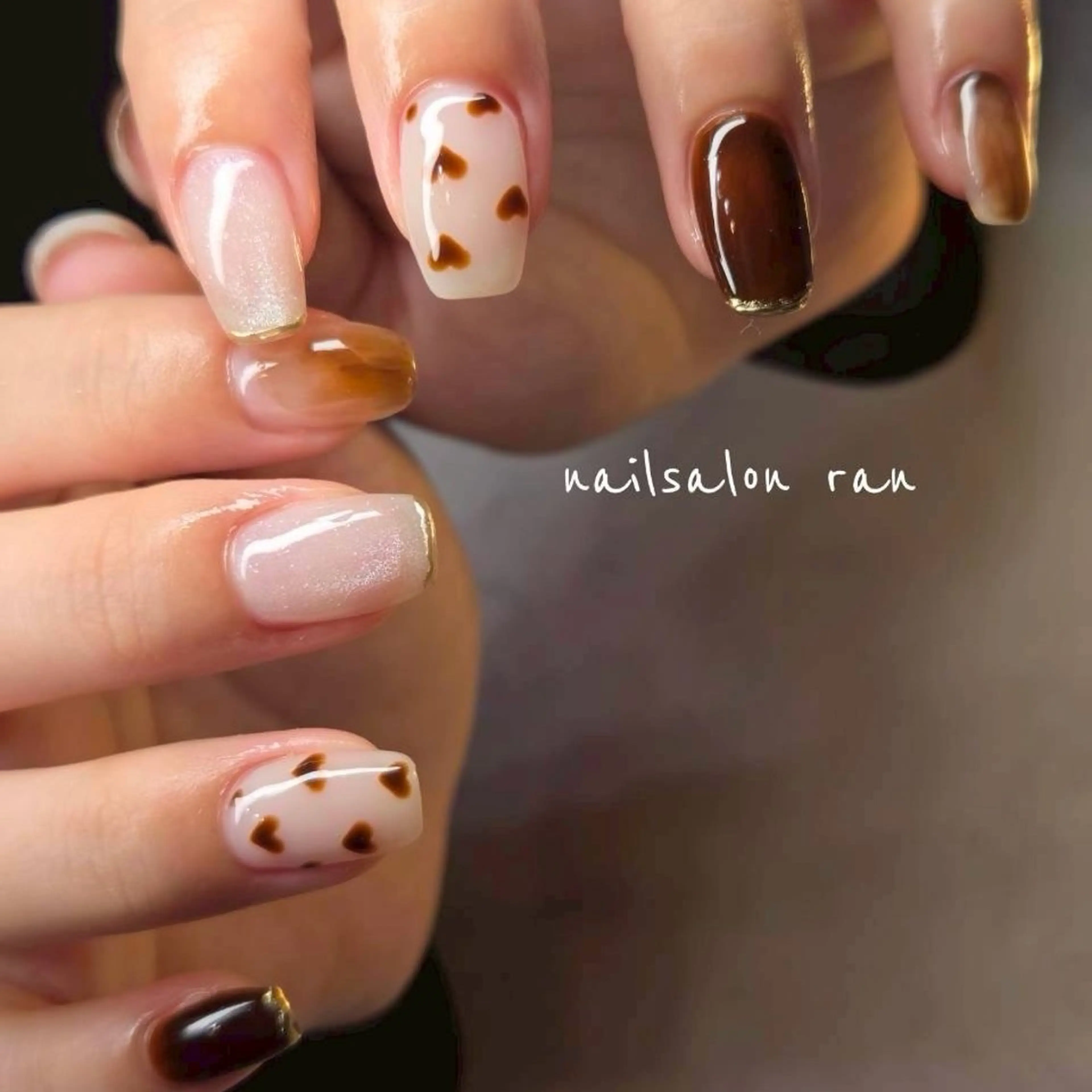 ネイル ブラウン ハート ハンドネイル ハンドケア nailsalon ranのネイルデザイン