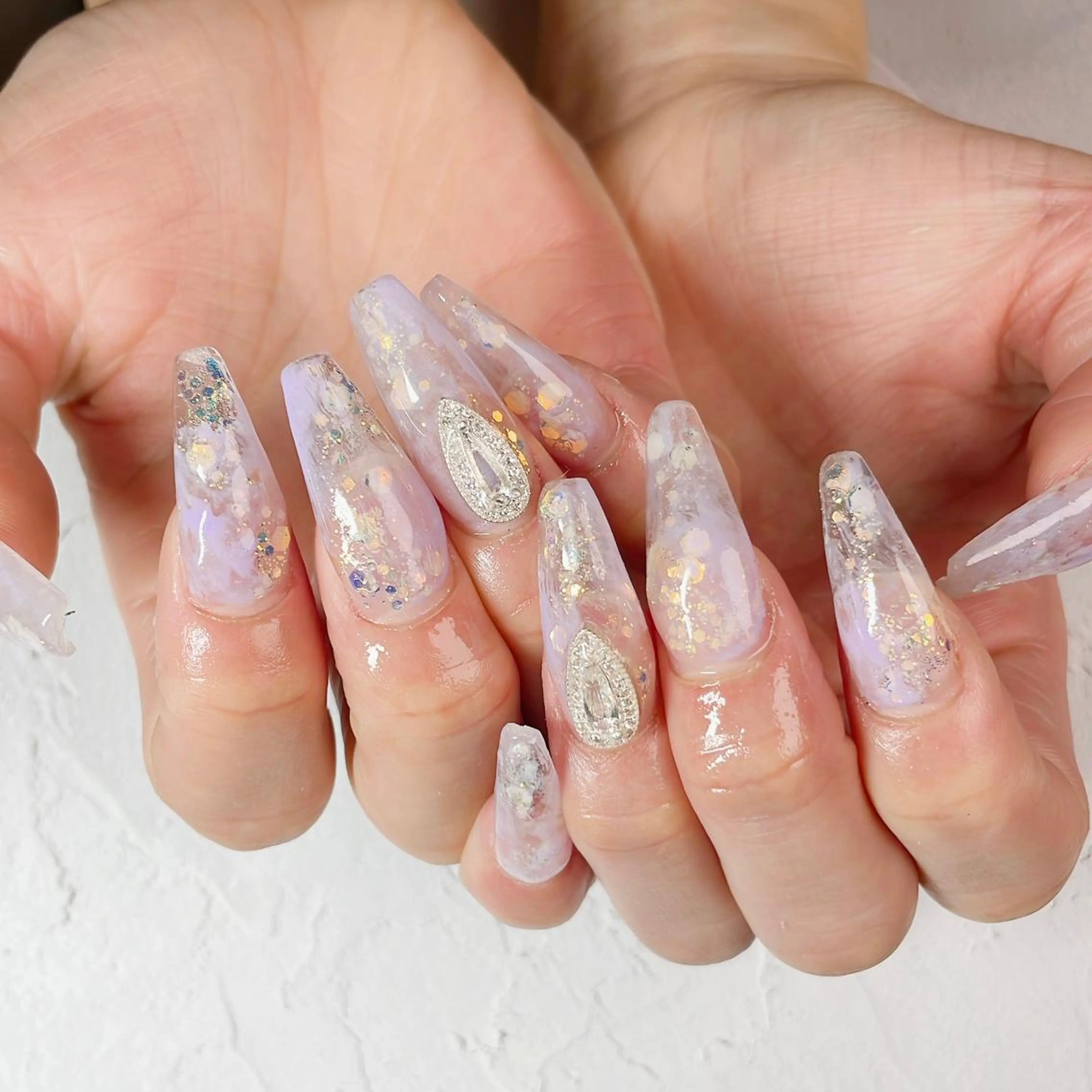 ネイル 長さ出し ロングネイル パステルネイル パープル スカルプネイル ハンドネイル LaLa Peach 福岡のマツエク・マツパデザイン