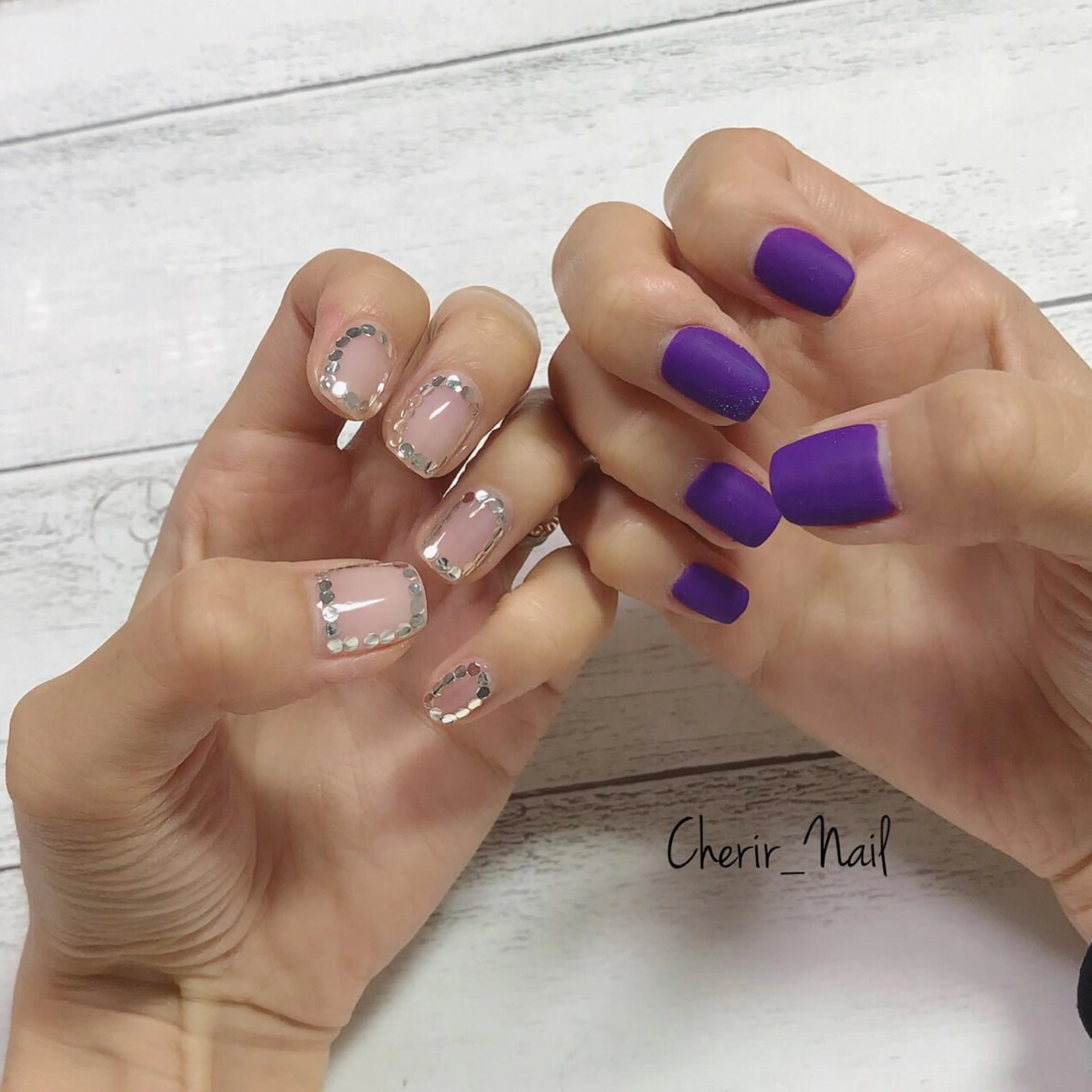 ネイル クリアネイル マットネイル ワンカラーネイル パープル シルバー Cherirnail kaoriのネイルデザイン