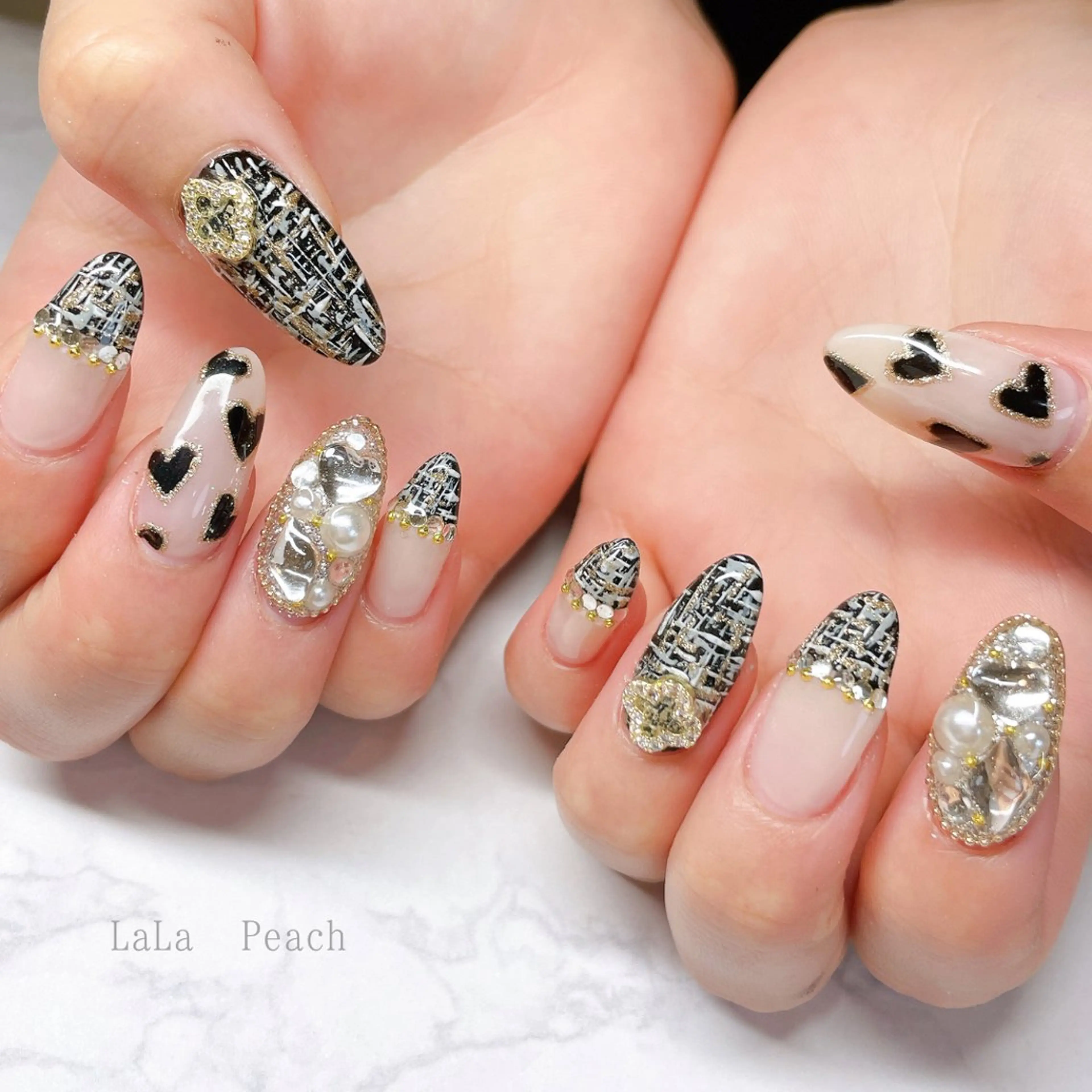 ネイル ジェルネイル ハート ストーンネイル ツイードネイル ハンドネイル LaLa Peach 福岡のマツエク・マツパデザイン