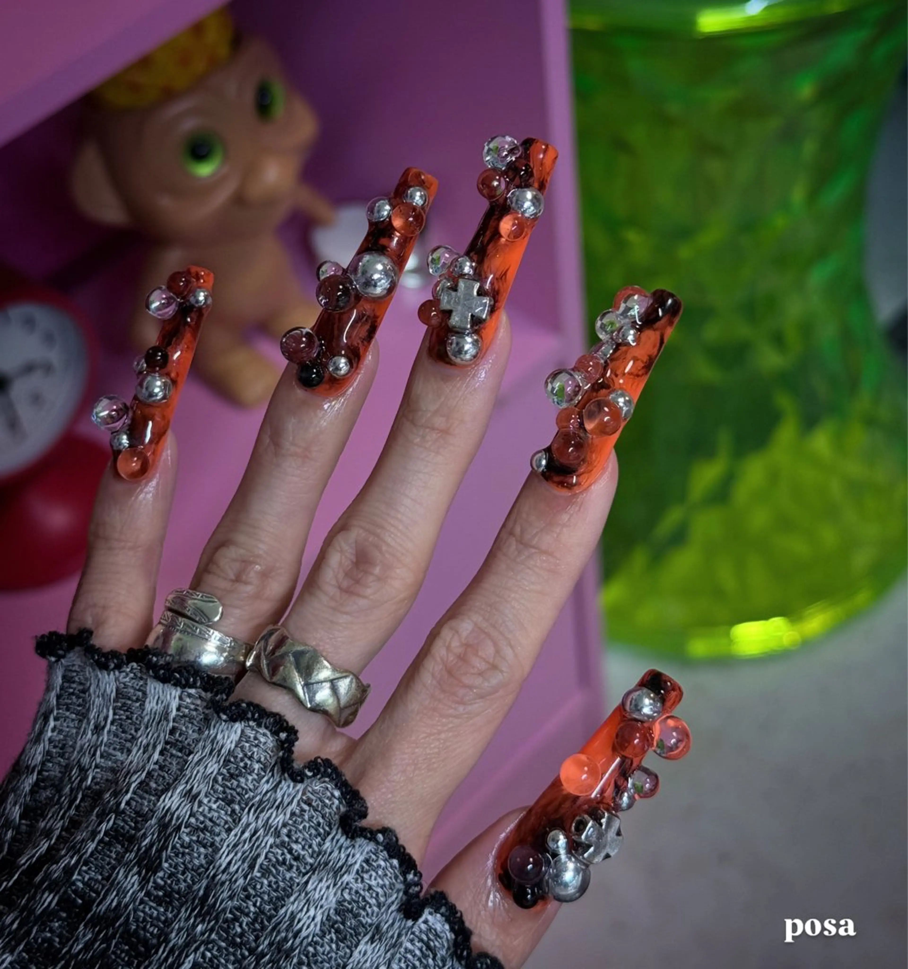 ネイル アートネイル ロングネイル オレンジ シンプルネイル ハンドネイル posa nail モエミのネイルデザイン