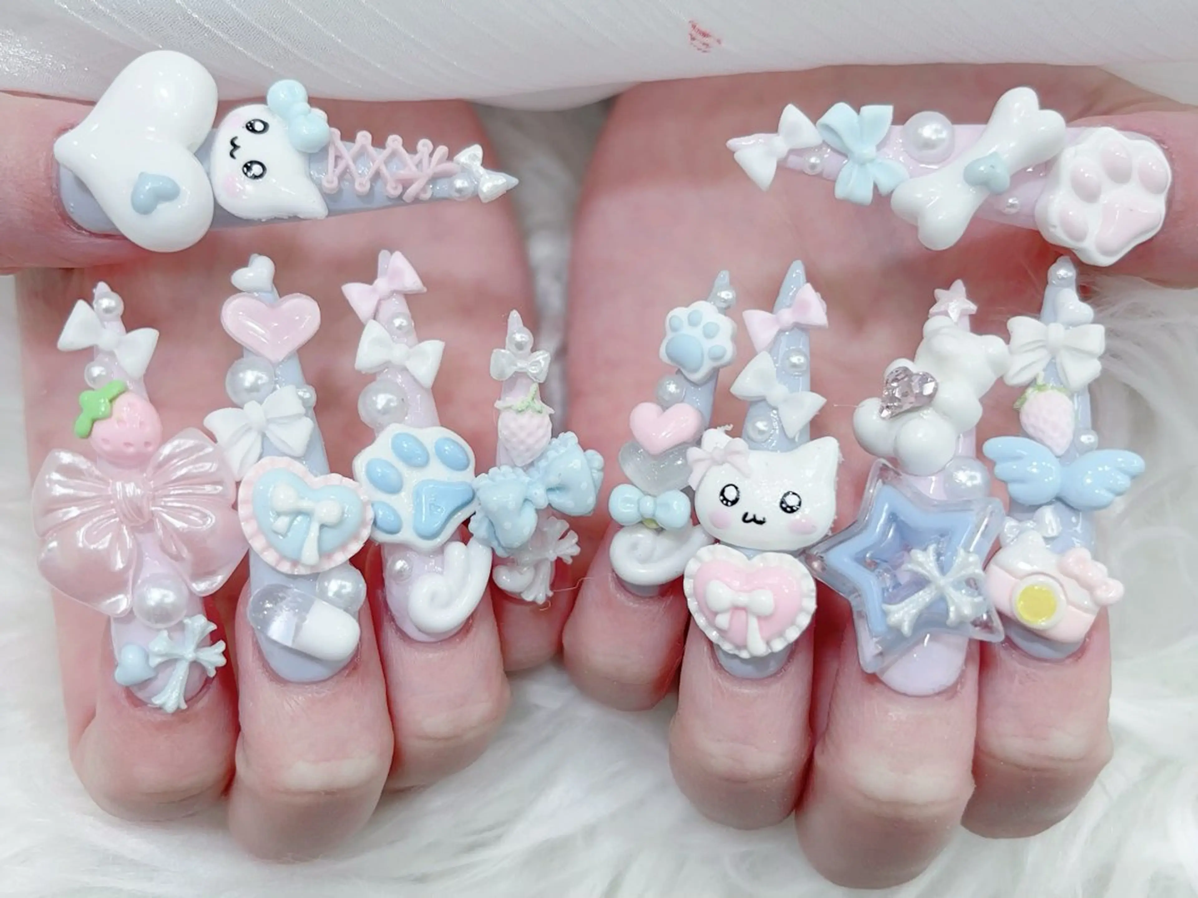 ネイル 成人式 大理石ネイル(マーブル) リボン 夏ネイル ネイルチップ ハンドネイル MoMoA Nail ネイル長さ出し専門店のネイルデザイン