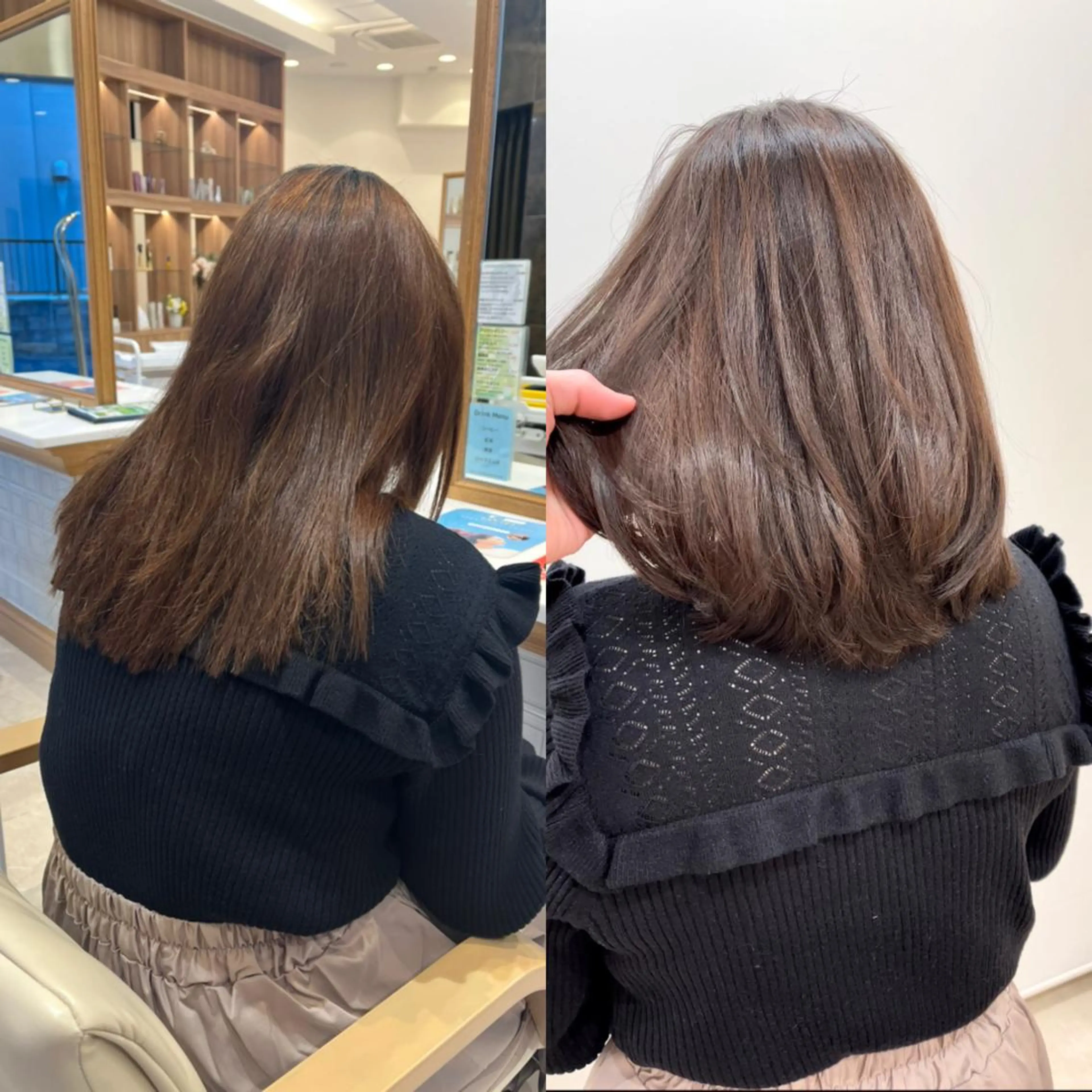 ミディアム カラー グレージュ オレンジ レイヤーカット カット ヘアカラー トリートメント ミタニ/髪質改善 /レイヤーカットのヘアスタイル