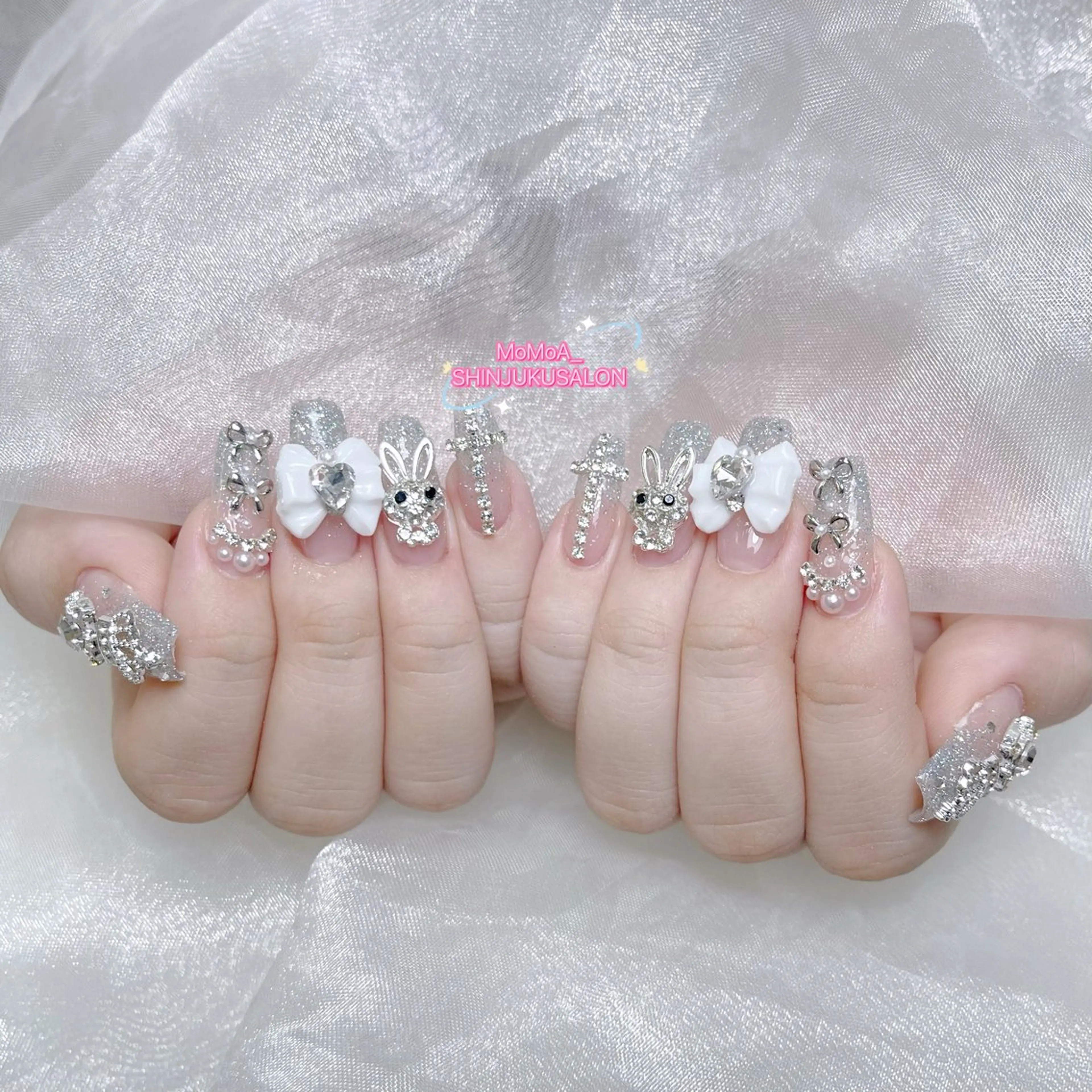 ネイル 成人式 ジェルネイル ロングネイル マグネットネイル 大理石ネイル(マーブル) ハンドネイル MoMoA Nail ネイル長さ出し専門店のネイルデザイン