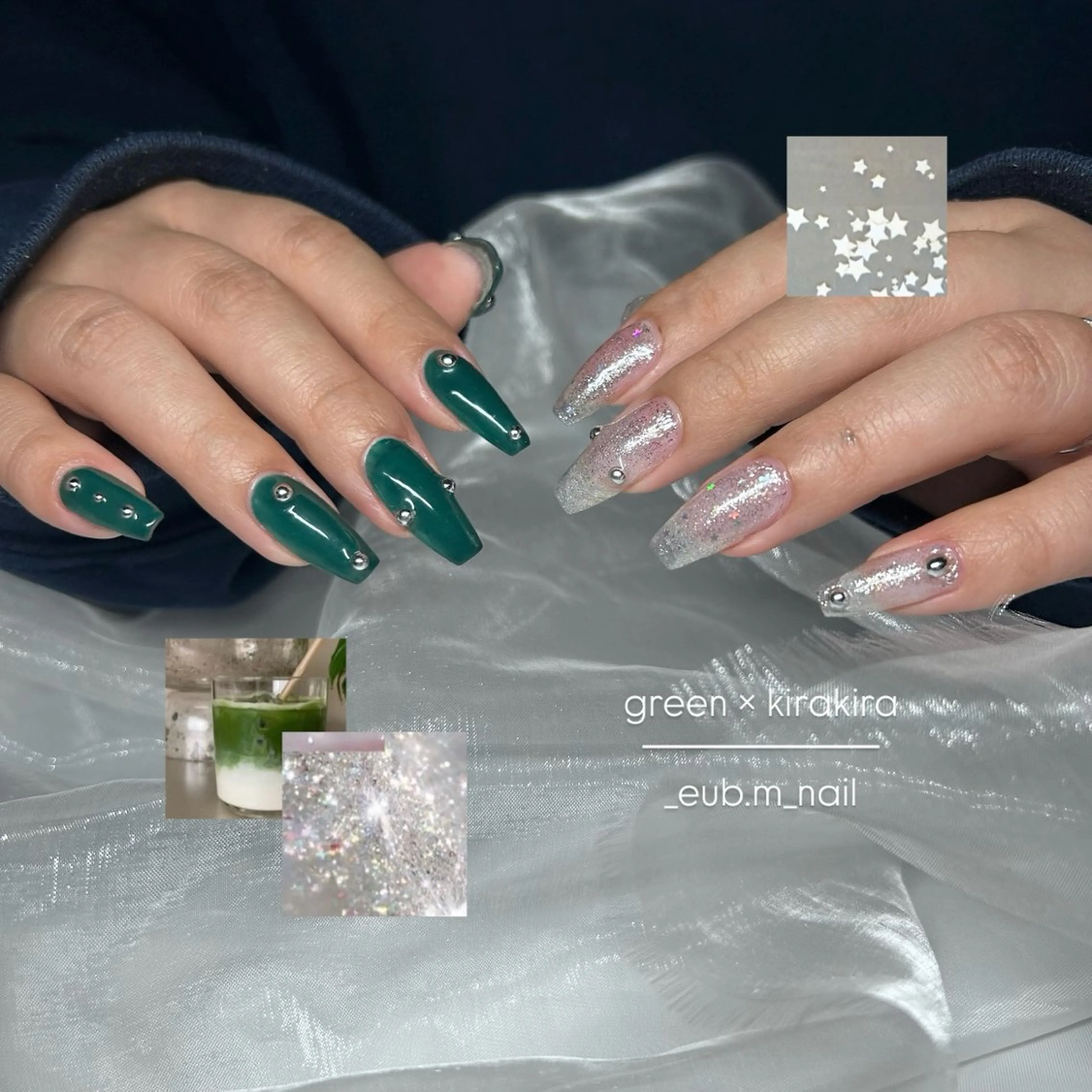 ネイル グリーン ラメ(グリッター) 冬ネイル ハンドネイル 深夜ネイルサロン eub.m_nailのネイルデザイン