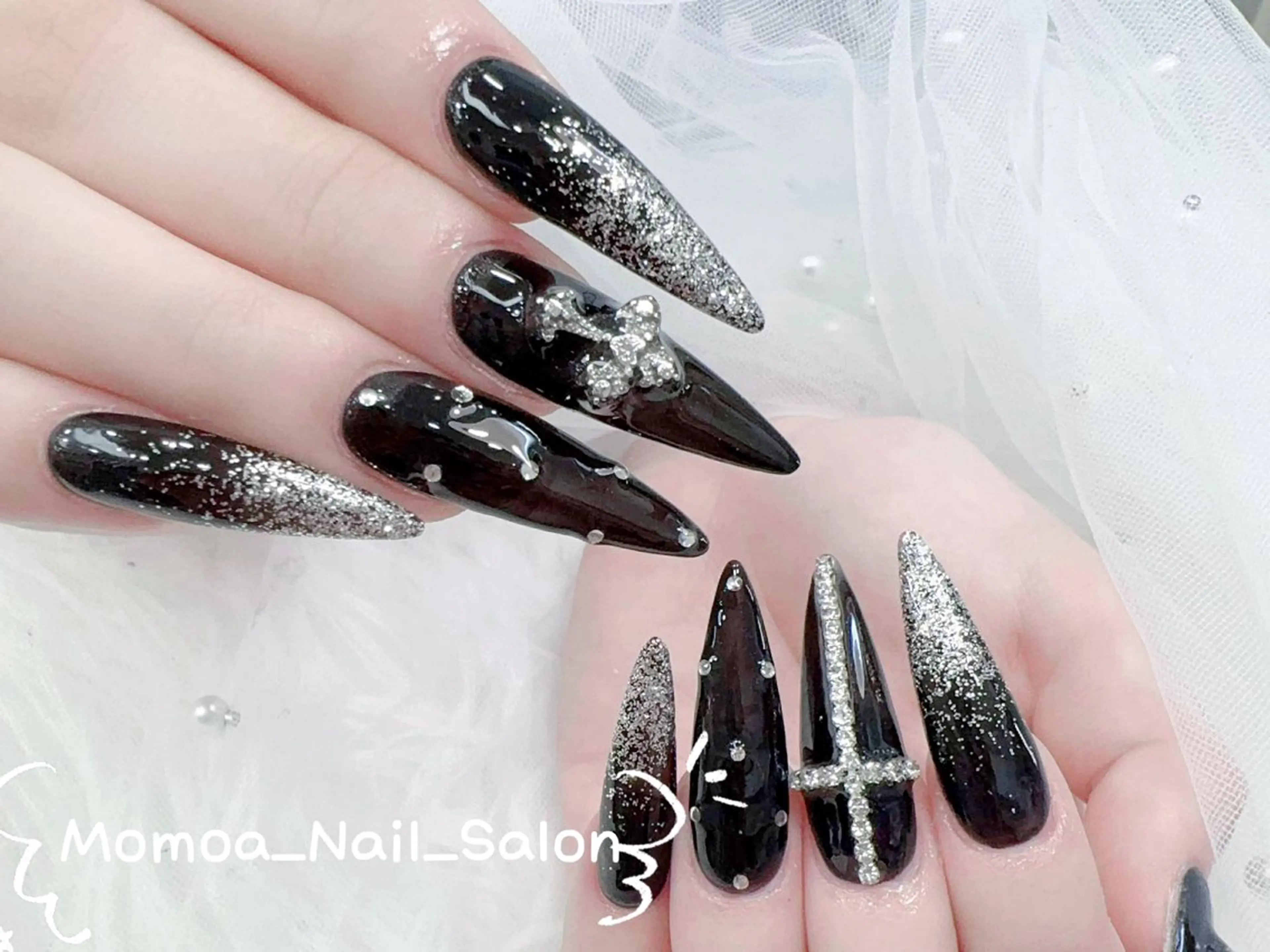 ネイル 成人式 ロングネイル マグネットネイル 大理石ネイル(マーブル) 持ち込み ハンドネイル MoMoA Nail ネイル長さ出し専門店のネイルデザイン
