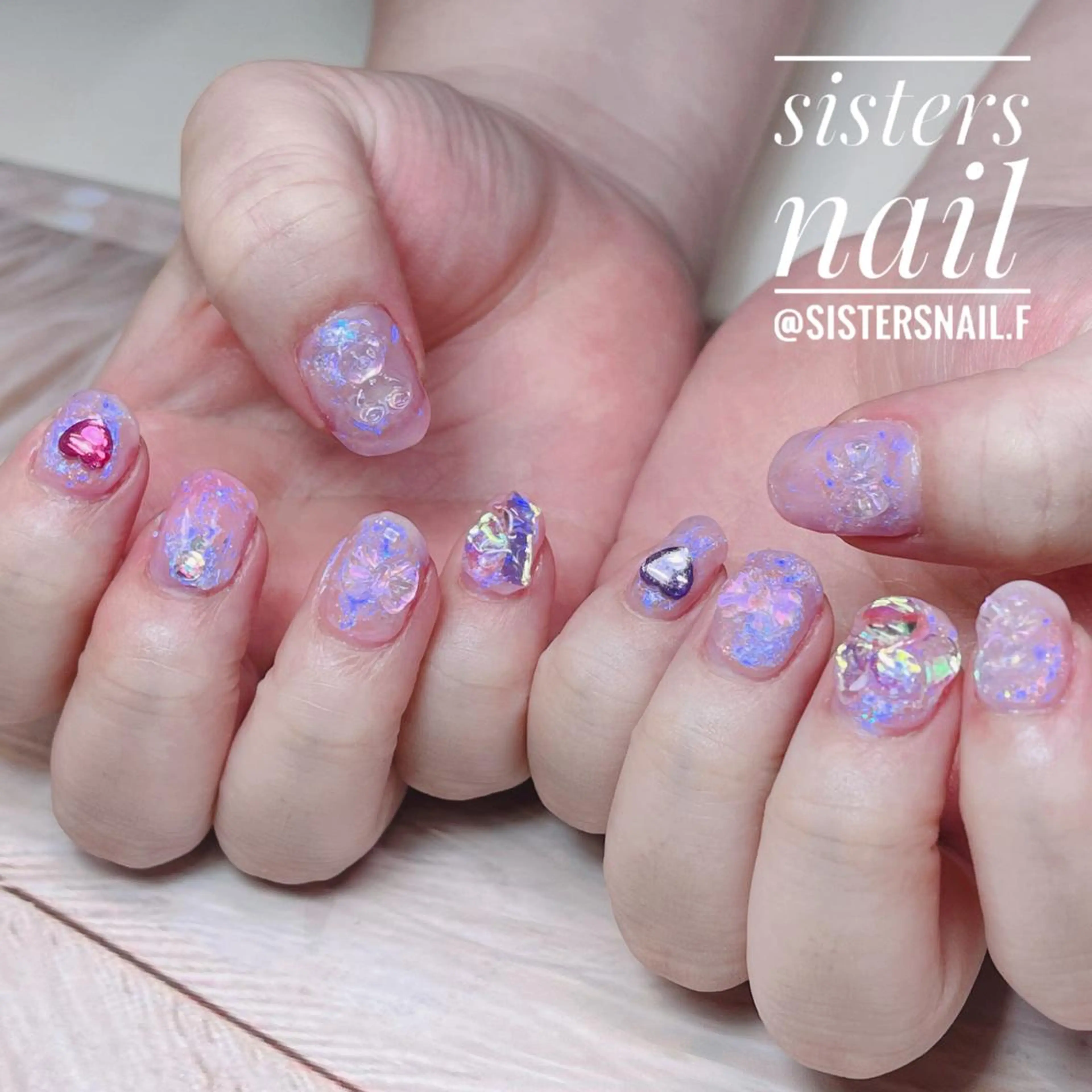 ネイル アートネイル オーロラネイル クリアネイル 氷ネイル・うるうるネイル キラキラネイル sisters nail.fのネイルデザイン