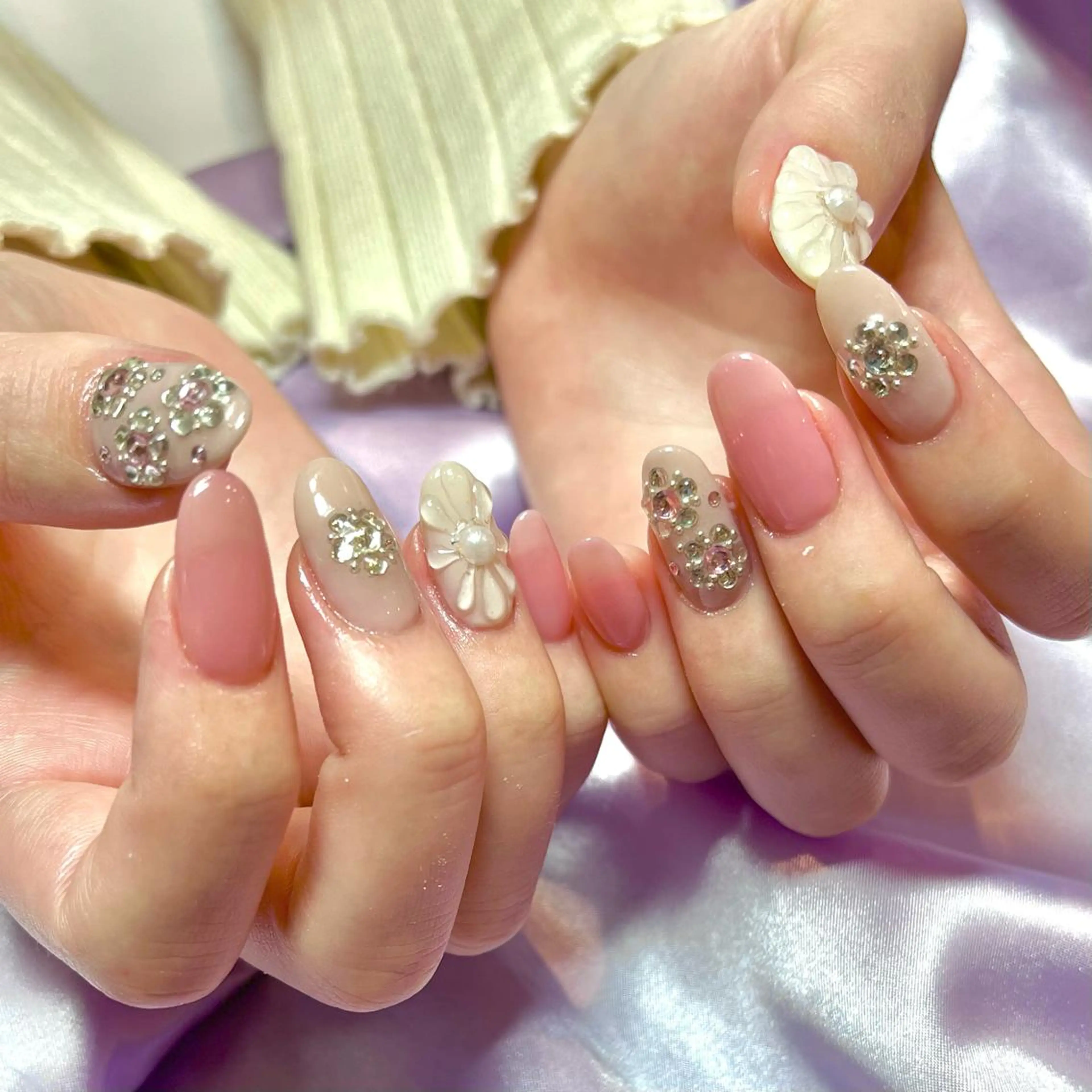 ネイル フラワーネイル ガーリー ハート キラキラネイル 韓国ネイル ハンドネイル フットネイル Para Sol nail　Maoのネイルデザイン