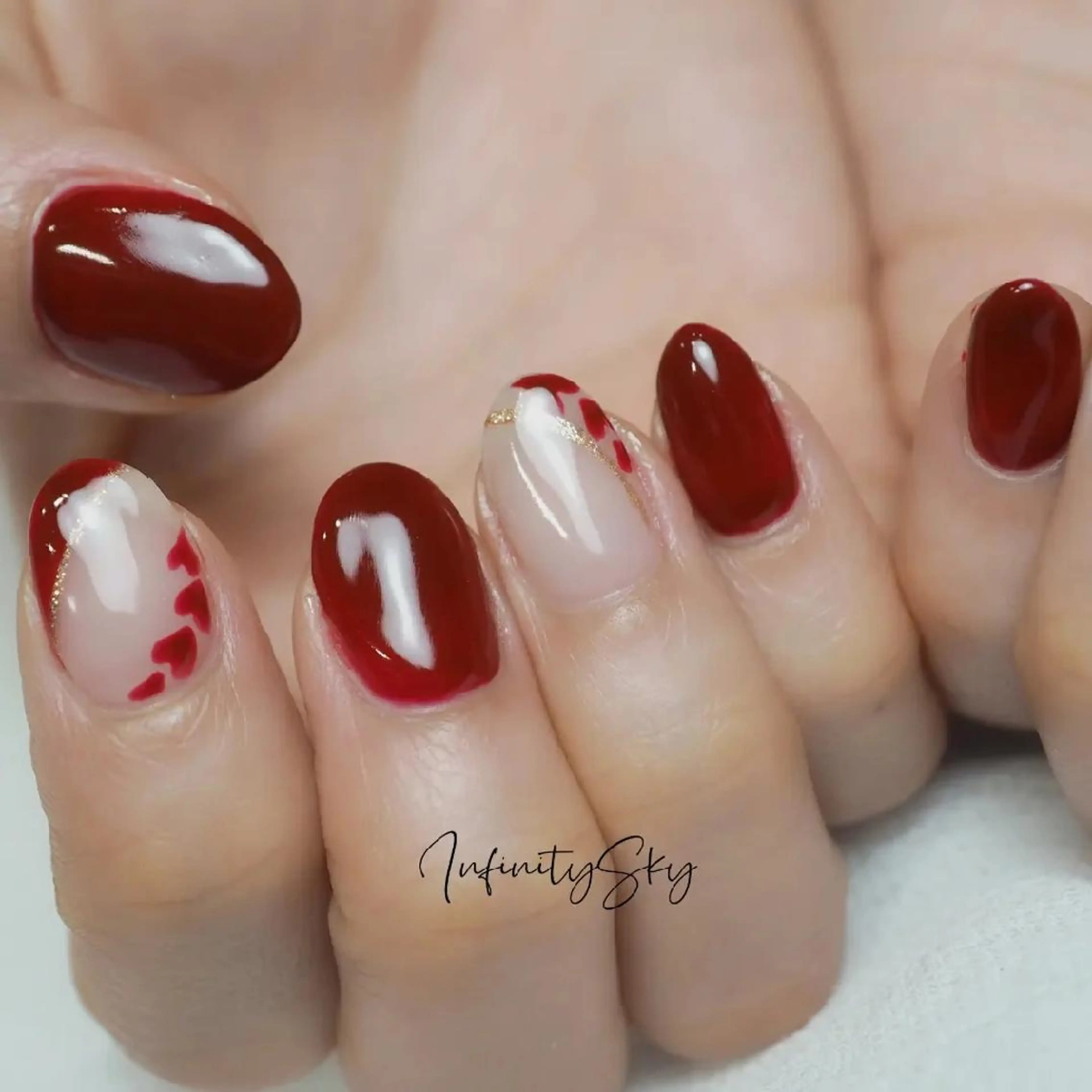 ネイル ハート 赤色 infinity skyのネイルデザイン