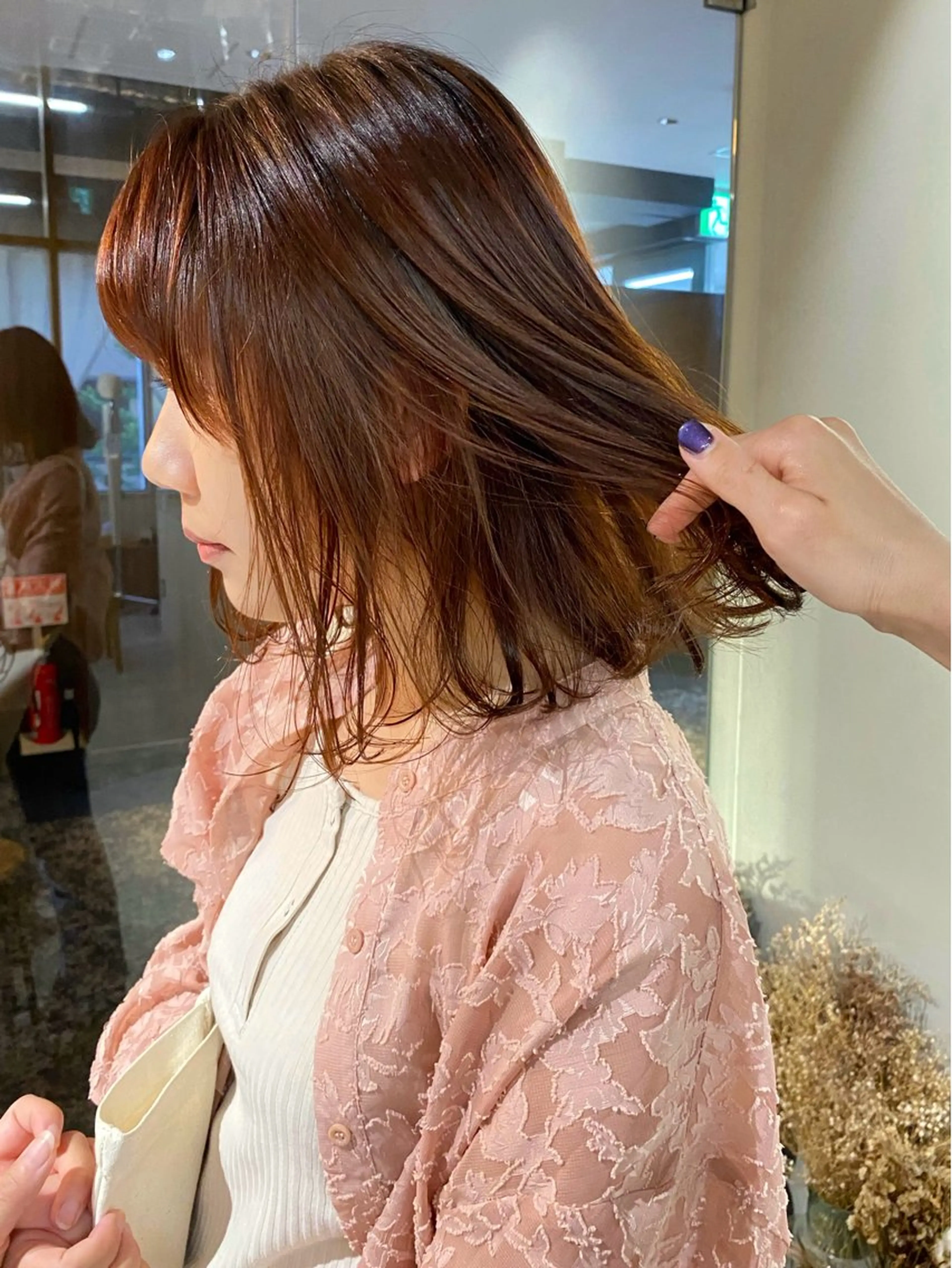 ミディアム 切りっぱなしボブ オレンジブラウン ボブ ヘアカラー トリートメント erika /韓国ヘアのヘアスタイル