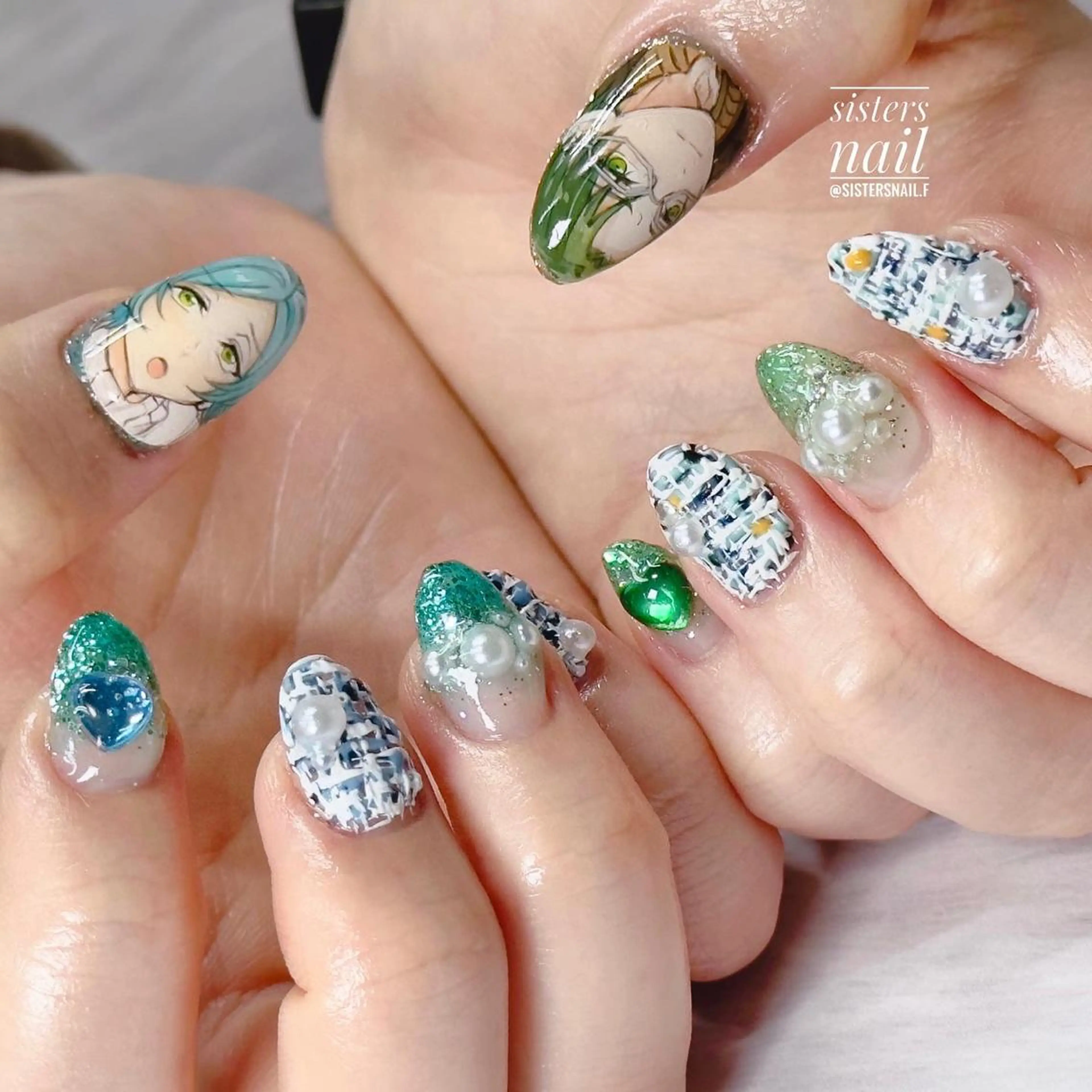 ネイル アートネイル ブルー グリーン キラキラネイル ツイードネイル sisters nail.fのネイルデザイン