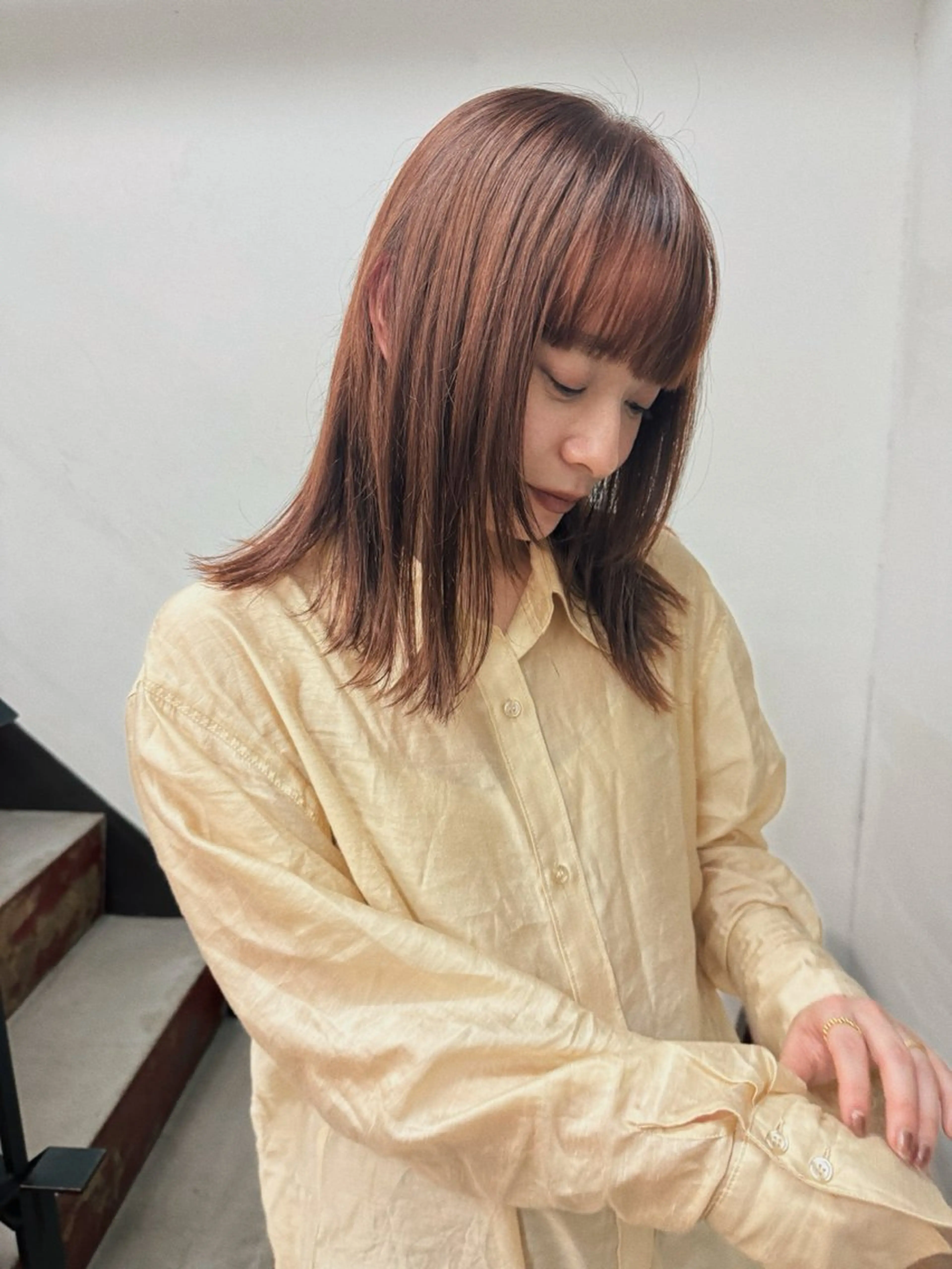 ミディアム カラー ベージュカラー ブリーチ オレンジ オレンジベージュ カット ヘアカラー トリートメント ニュアンスヘア🌔 nanakoのヘアスタイル