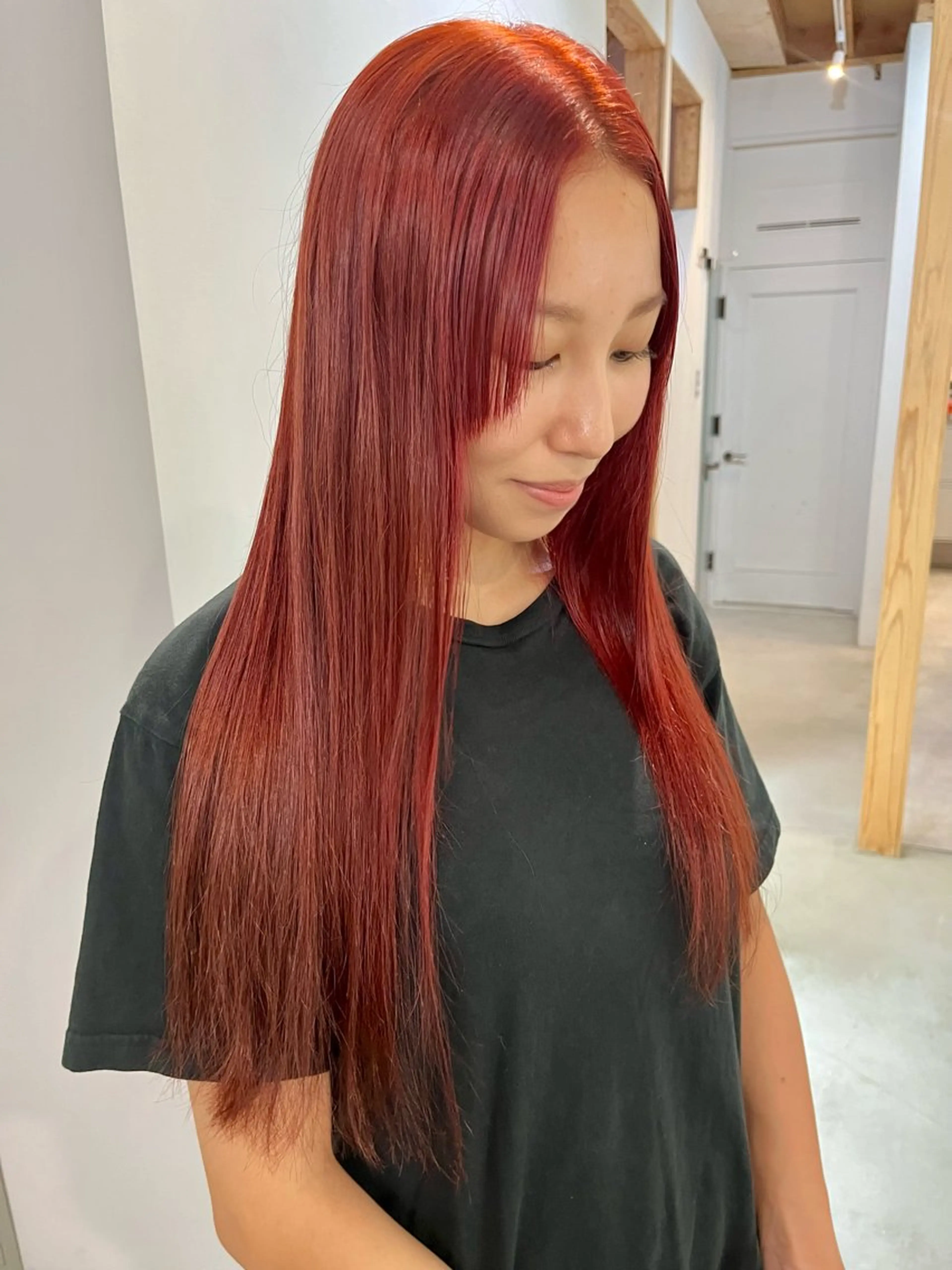 ロング カラー ブリーチ ダブルカラー ブリーチなしカラー レッドカラー ヘアカラー トリートメント ブリーチなしカラー ダブルカラーエクステのヘアスタイル