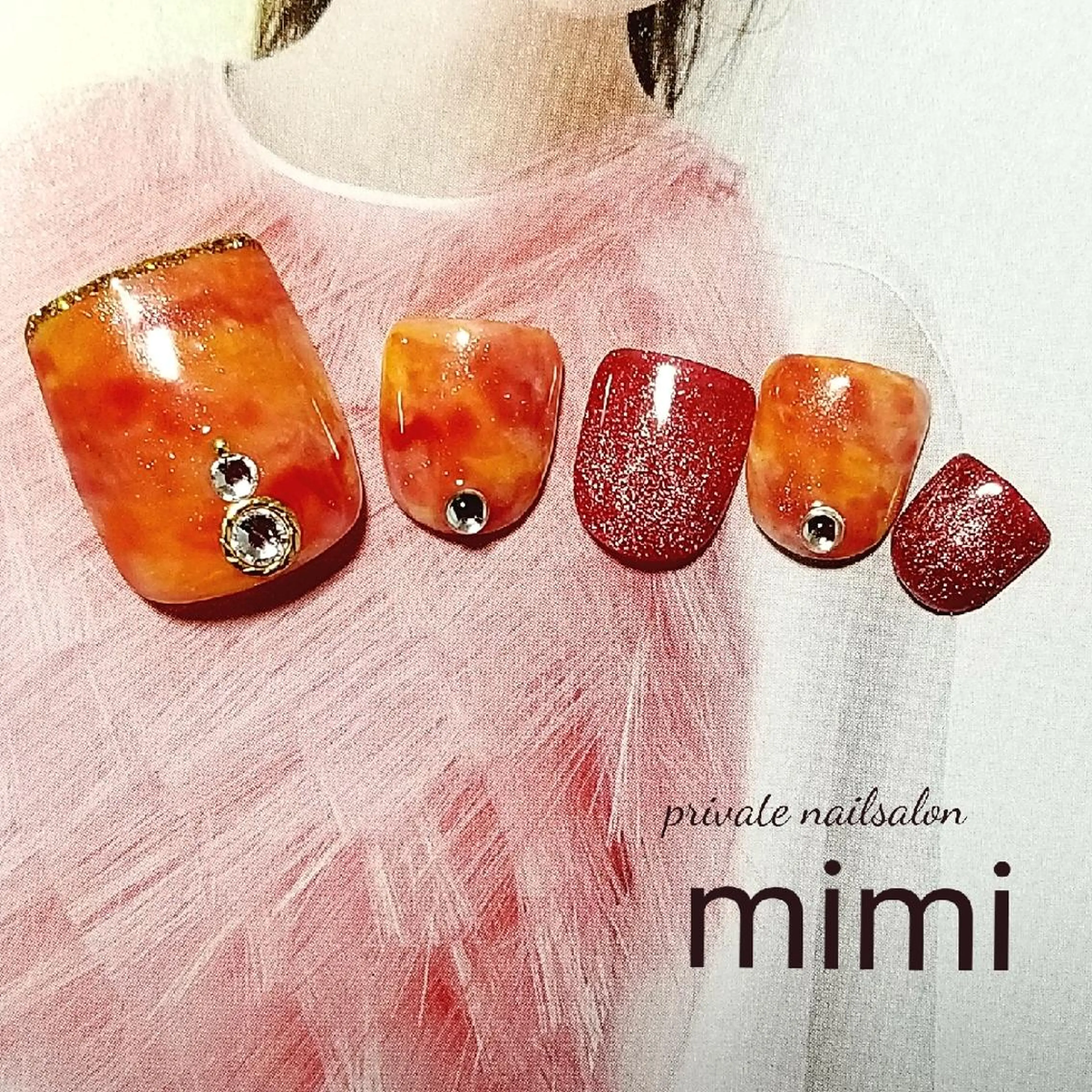 ネイル マグネットネイル オレンジ フットネイル 博多ネイル ｍｉｍｉのネイルデザイン