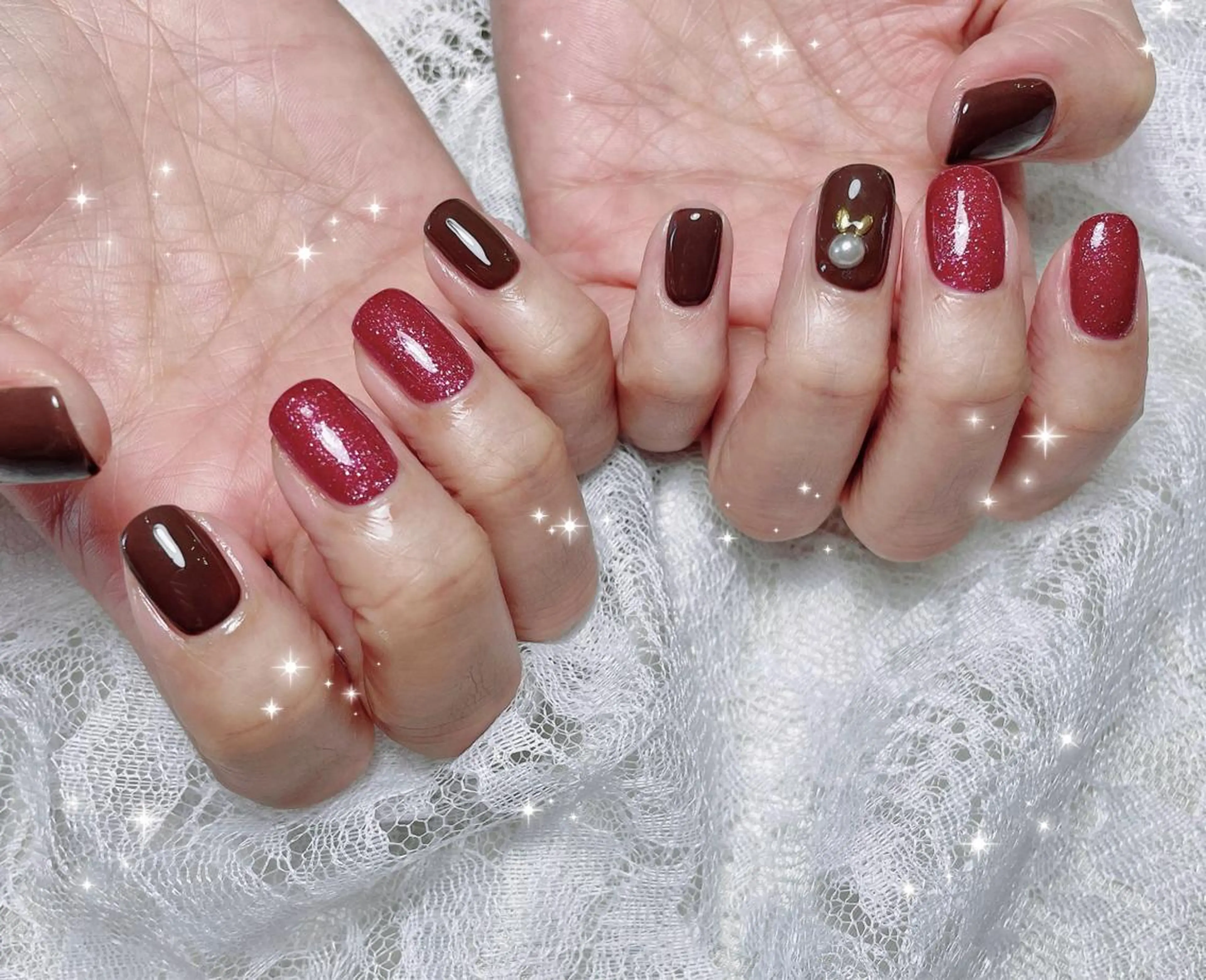 ネイル ボルドー ブラウン ハンドネイル FLARE NAIL フレアネイルのネイルデザイン