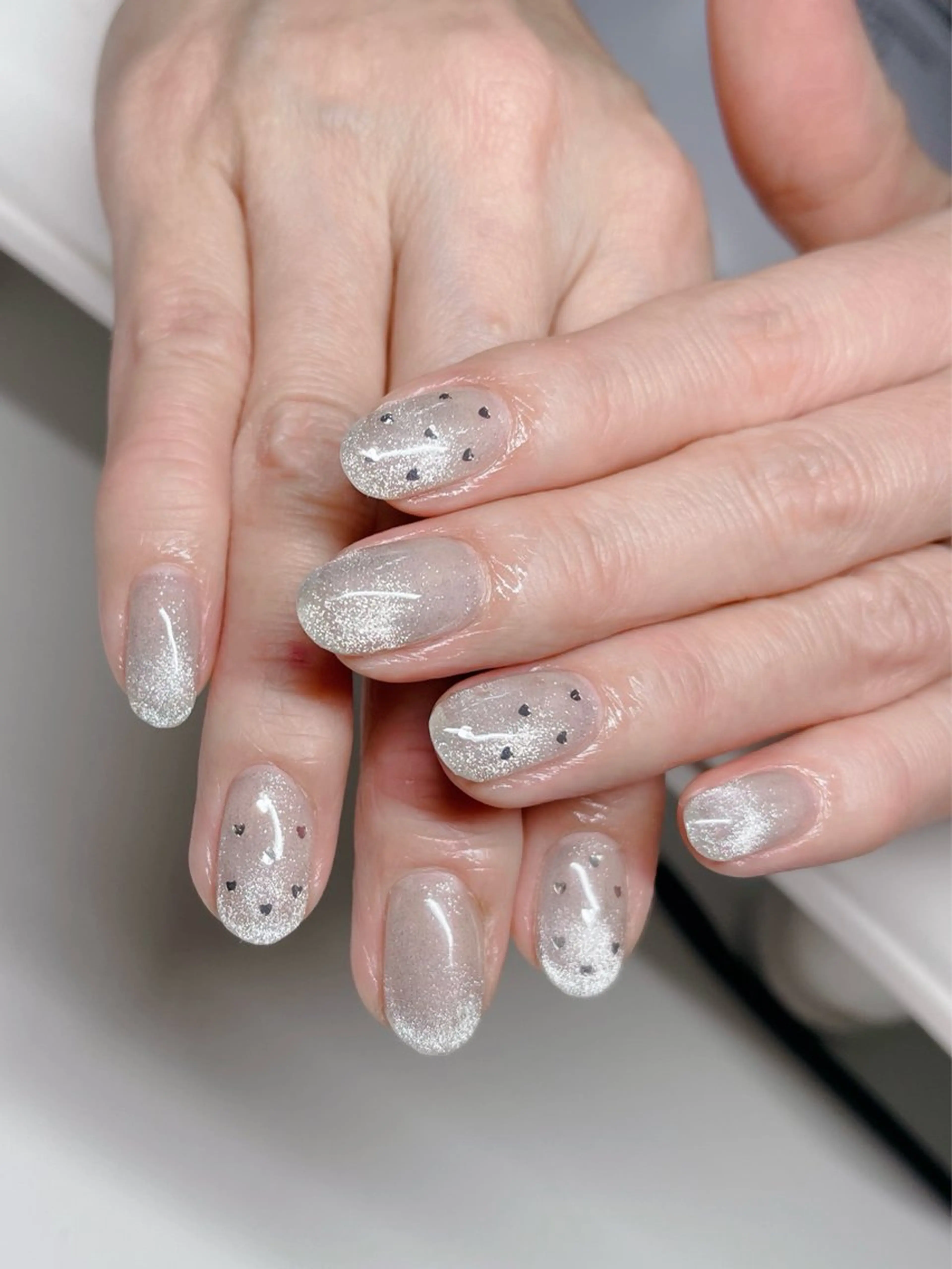 ネイル ブルー ドット ハート シルバー ハンドネイル R@nail🫧町田 🫧らんのネイルデザイン