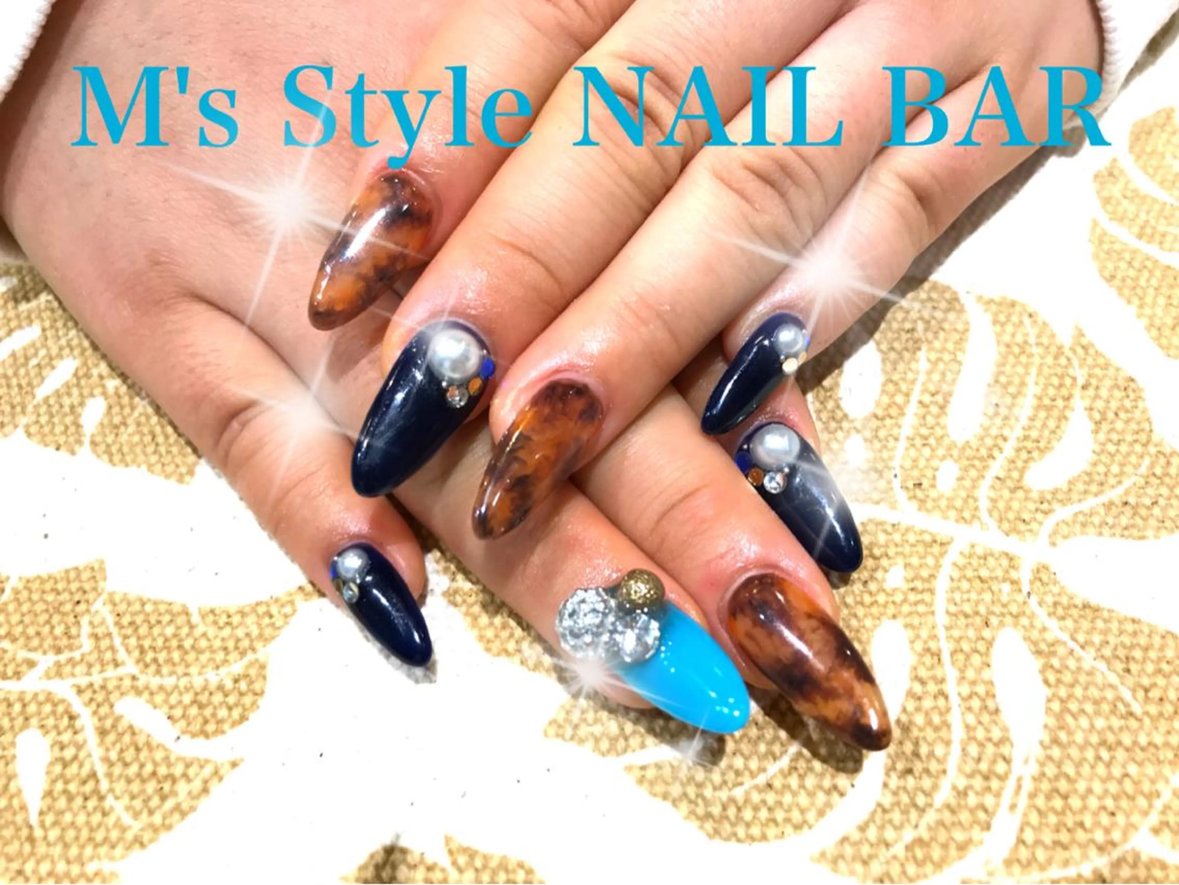 ネイル べっ甲ネイル ブルー ネイビー スカルプネイル M's Style NAIL BARのネイルデザイン