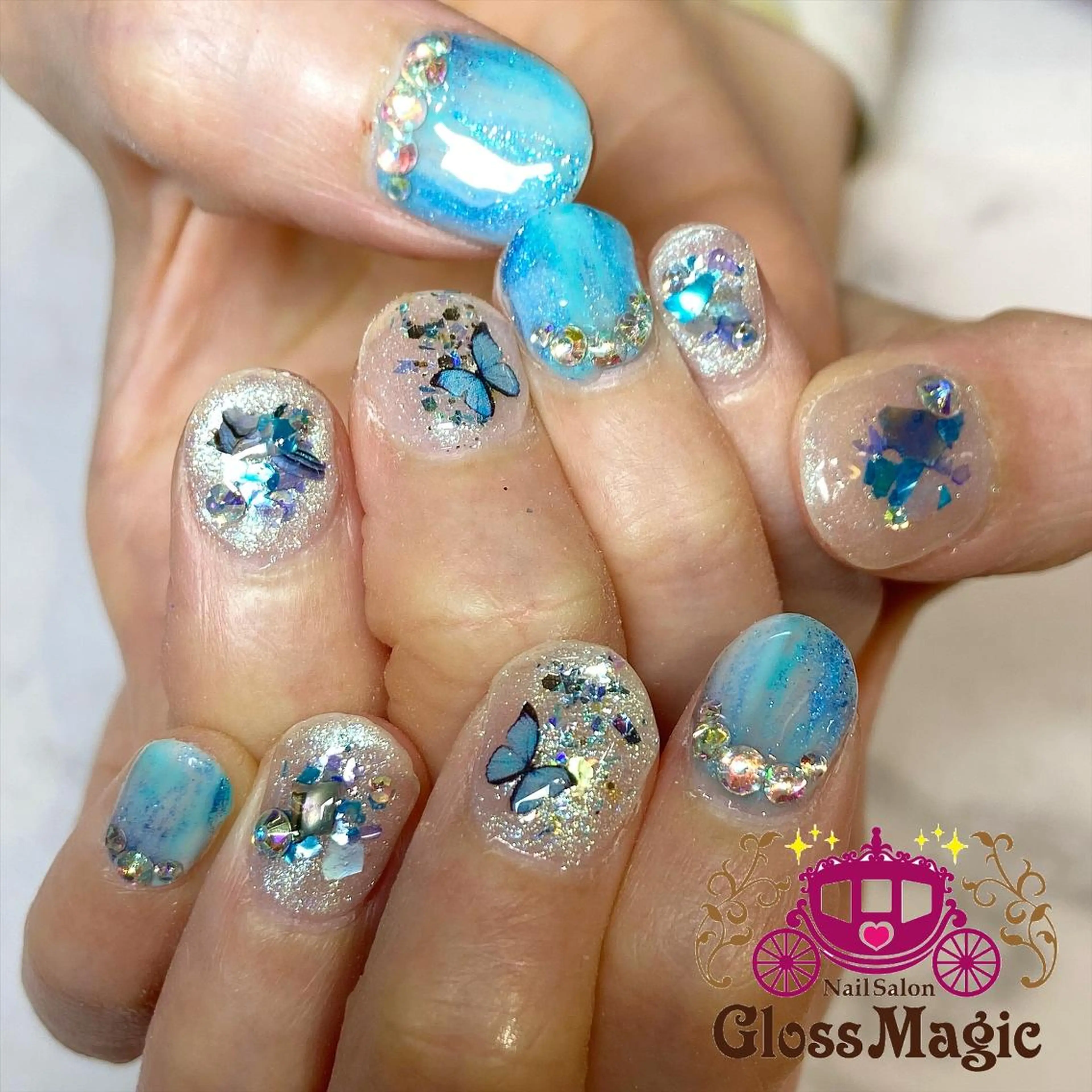 ネイル ブルー ラメ(グリッター) ニュアンスネイル ハンドネイル あ きのネイルデザイン