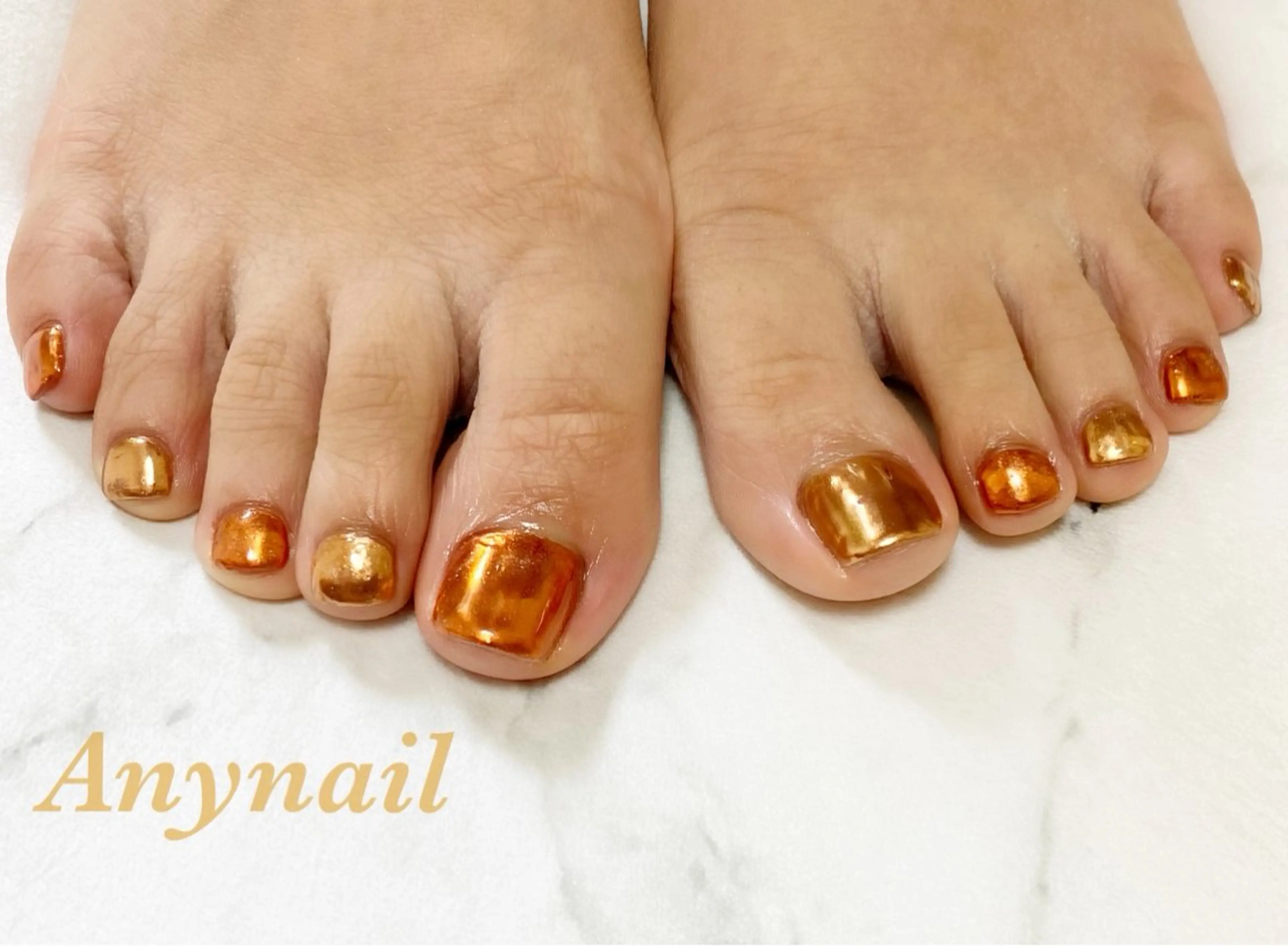 ネイル ブルー フットネイル ミラーネイル オレンジ 夏ネイル フットネイル 岩澤 恵子のネイルデザイン
