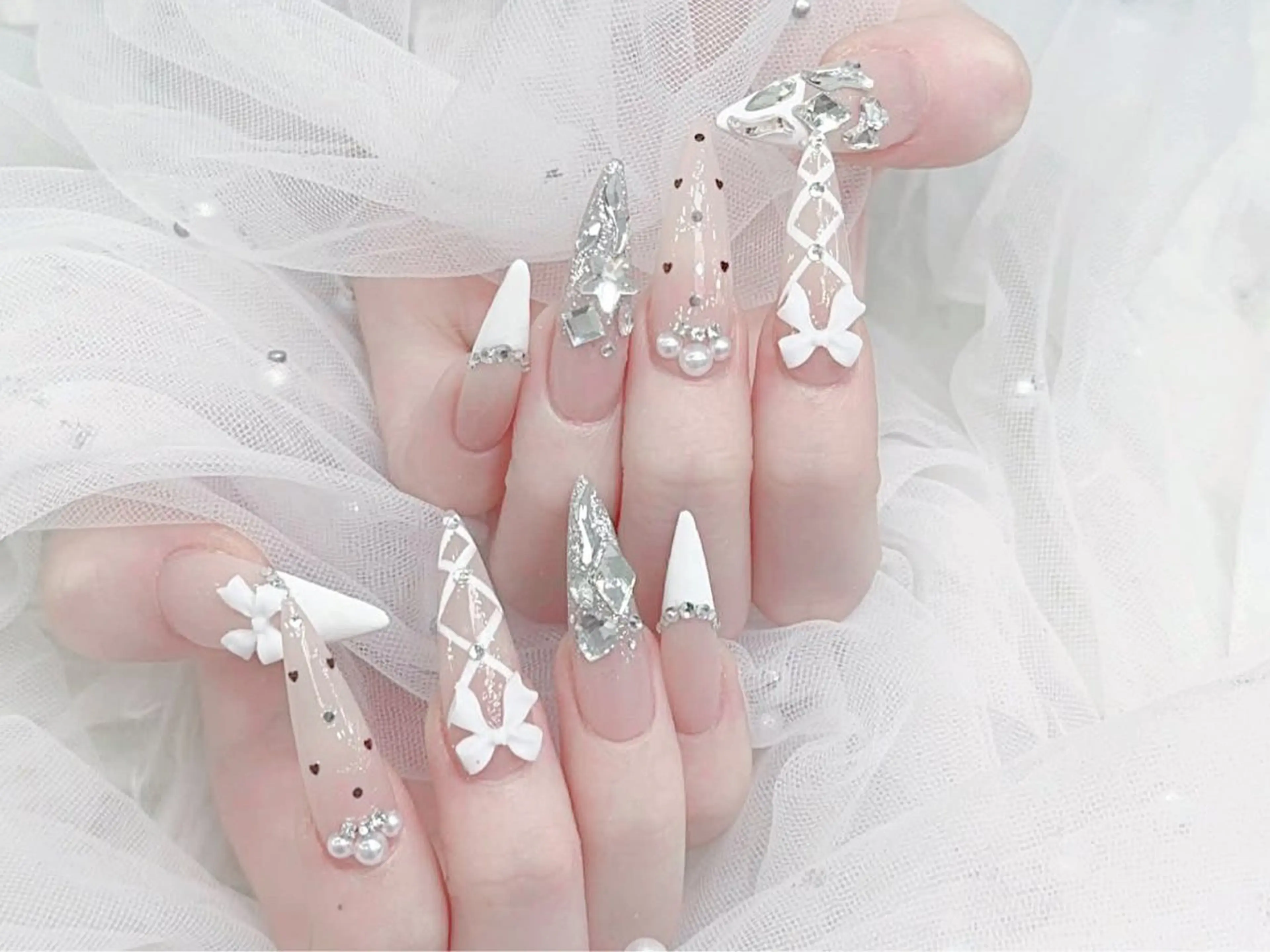 ネイル 成人式 大理石ネイル(マーブル) リボン 夏ネイル ネイルチップ ハンドネイル MoMoA Nail ネイル長さ出し専門店のネイルデザイン