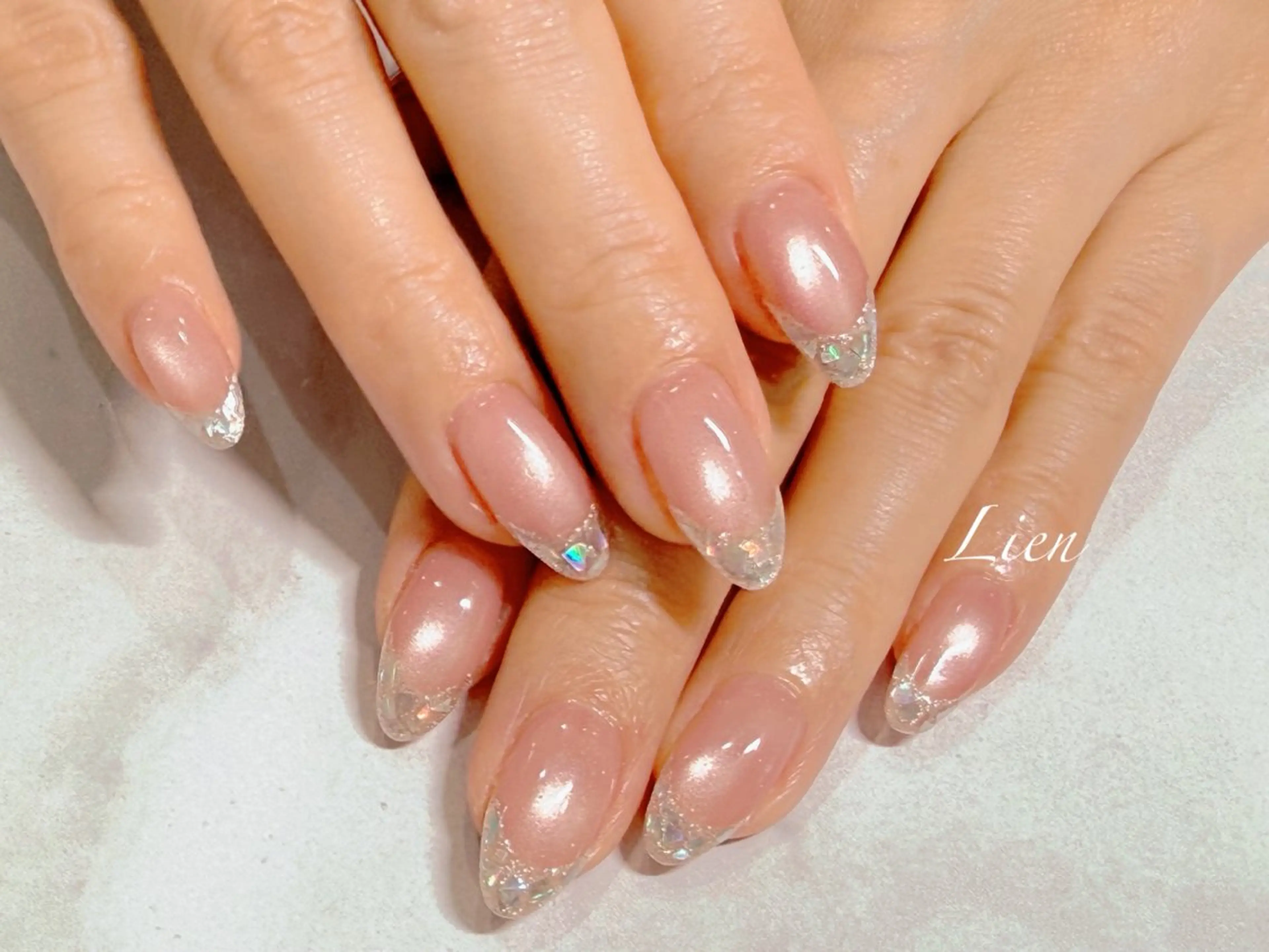 ネイル 長さ出し フットネイル フレンチネイル ジェルネイル ガラスフレンチ ハンドネイル Lien（リアン） 銀座駅6分のネイルデザイン