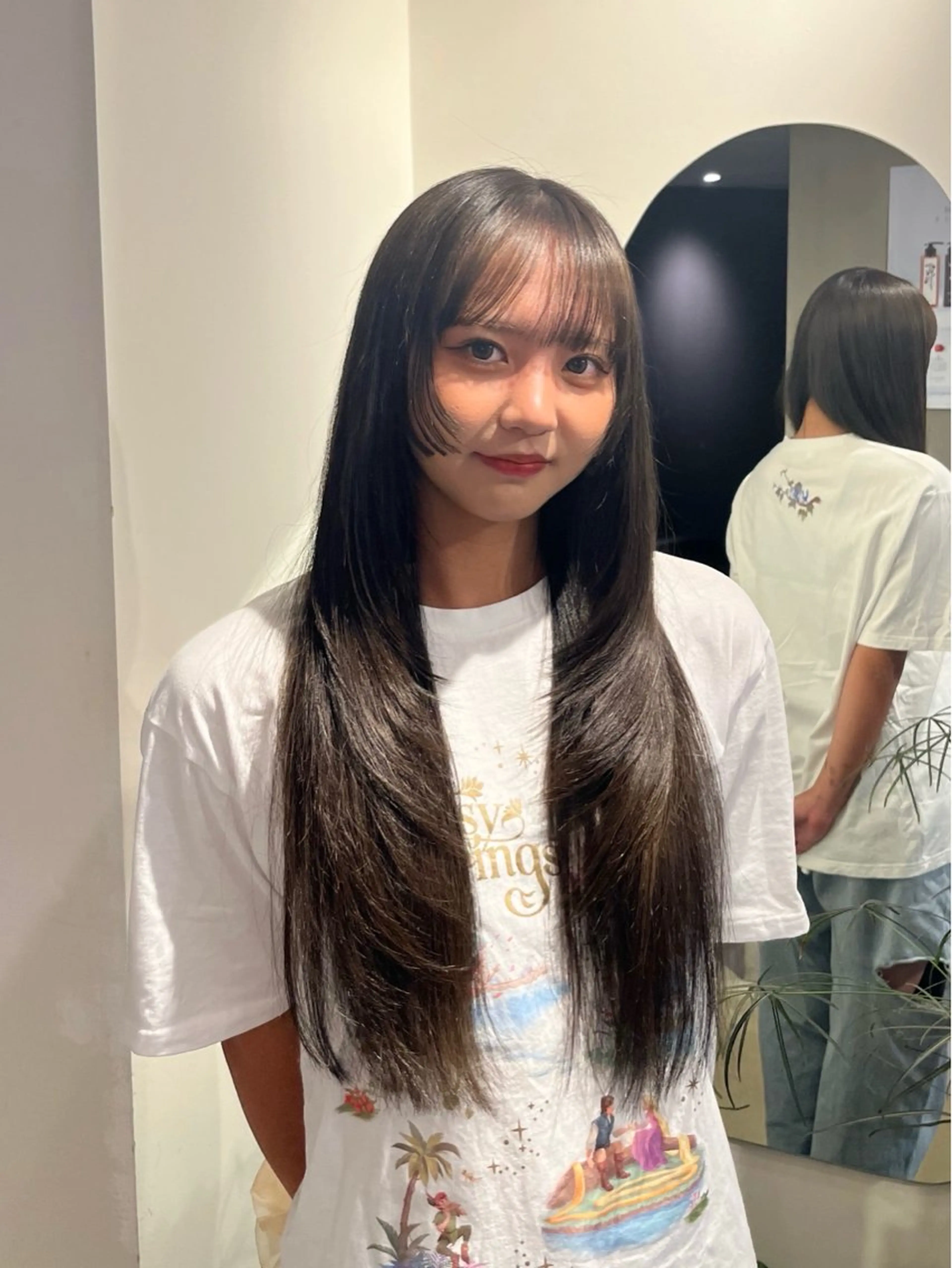 ロング カラー グレージュ 姫カット レイヤーカット ヘアカラー 本木下朋花/髪質 改善×ダブルカラーのヘアスタイル