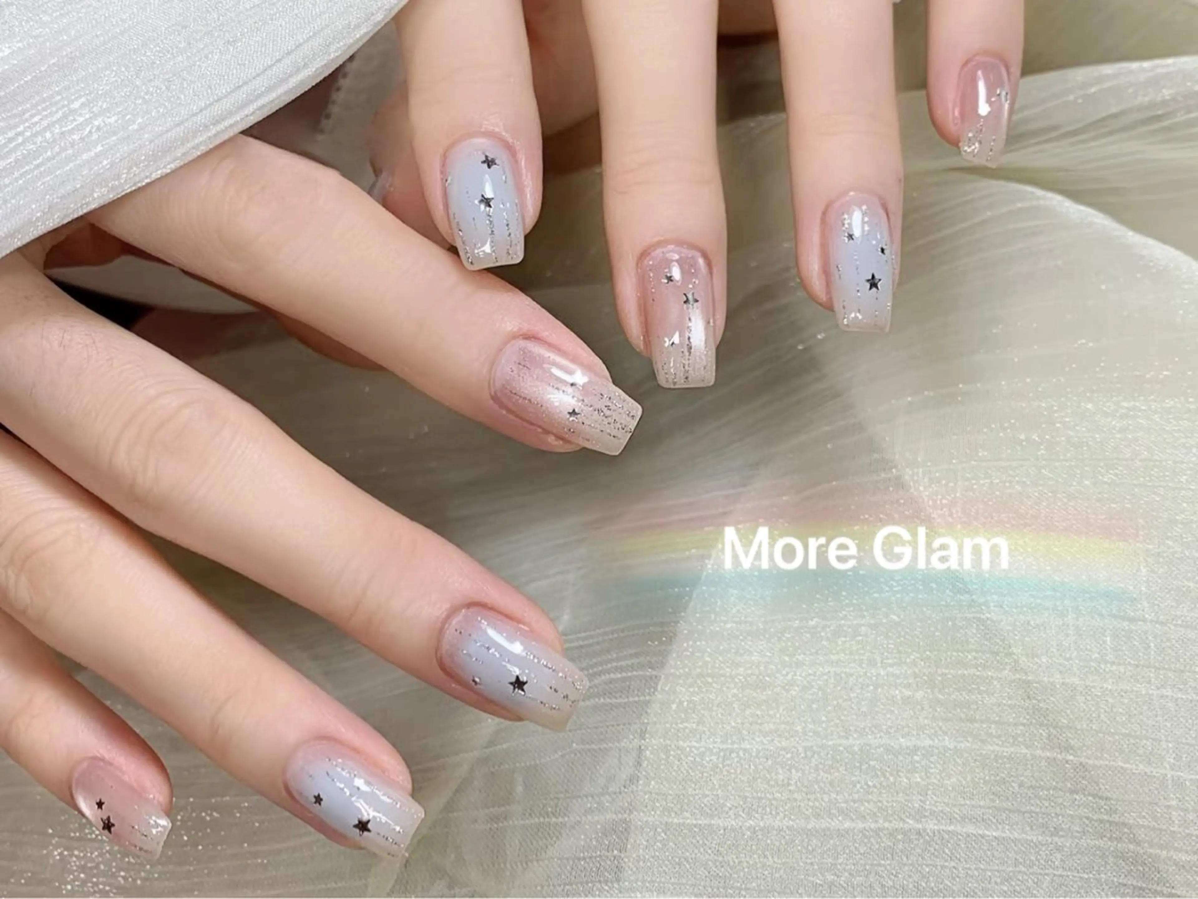 ネイル オーロラネイル カジュアル 長さ出し フレンチネイル ジェルネイル MoriseNail Jr研修💜イシダのネイルデザイン