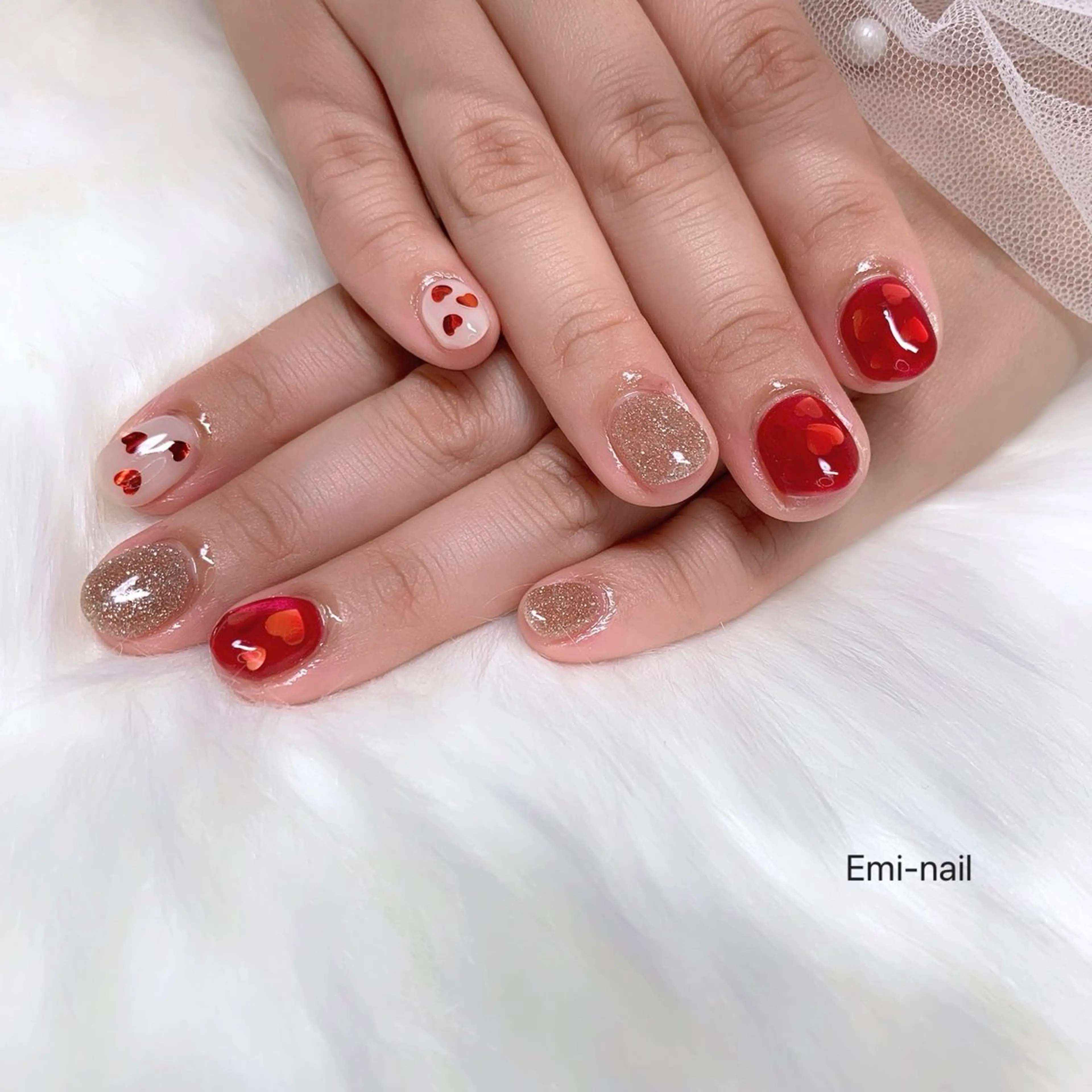 ネイル ハート ぷっくりネイル バレンタイン ハンドネイル Emi-nail 江﨑のネイルデザイン