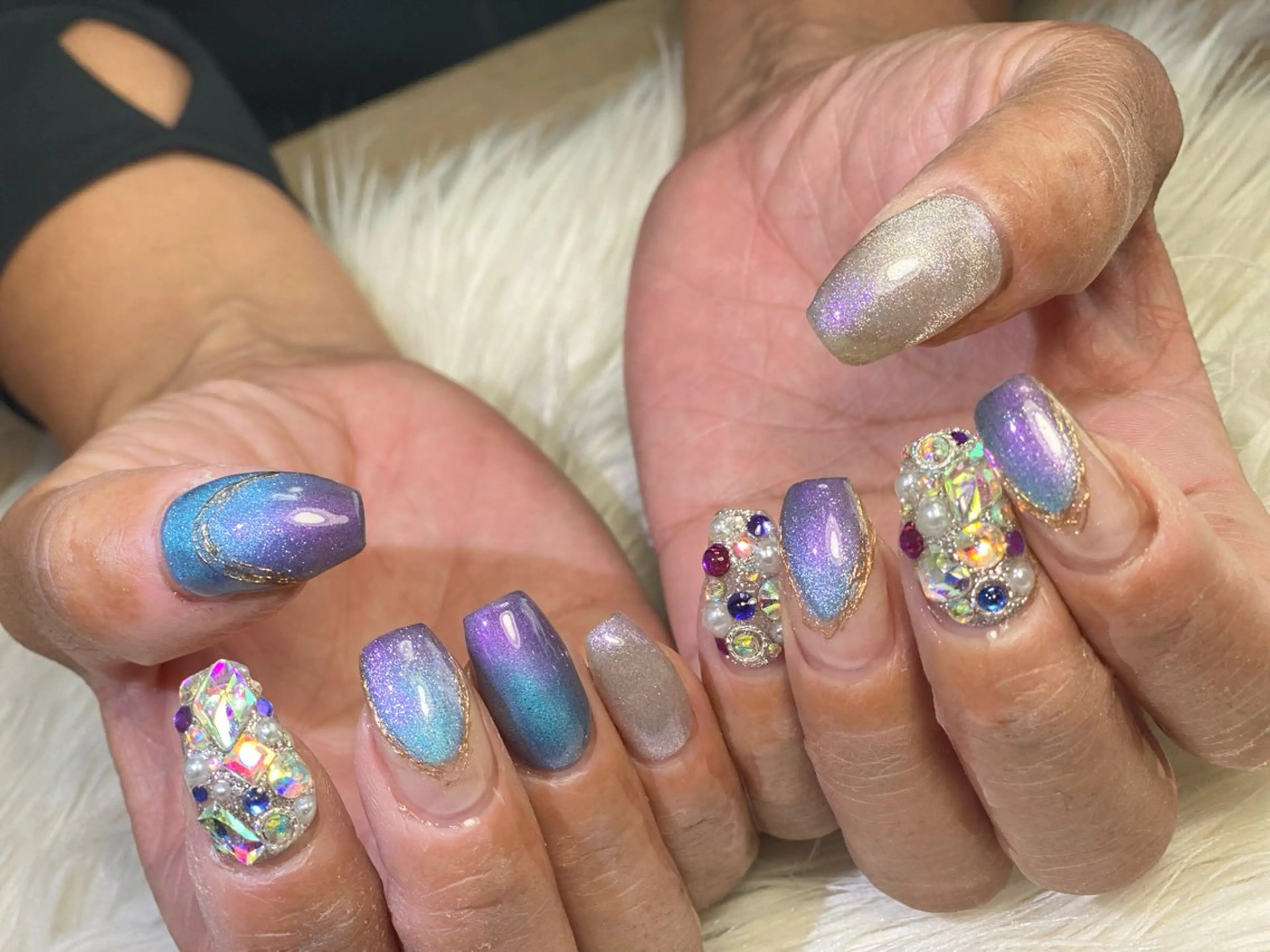 ネイル ブルー マグネットネイル パープル スクエアネイル ストーンネイル Esthetic Will所属・will 有希のネイルデザイン