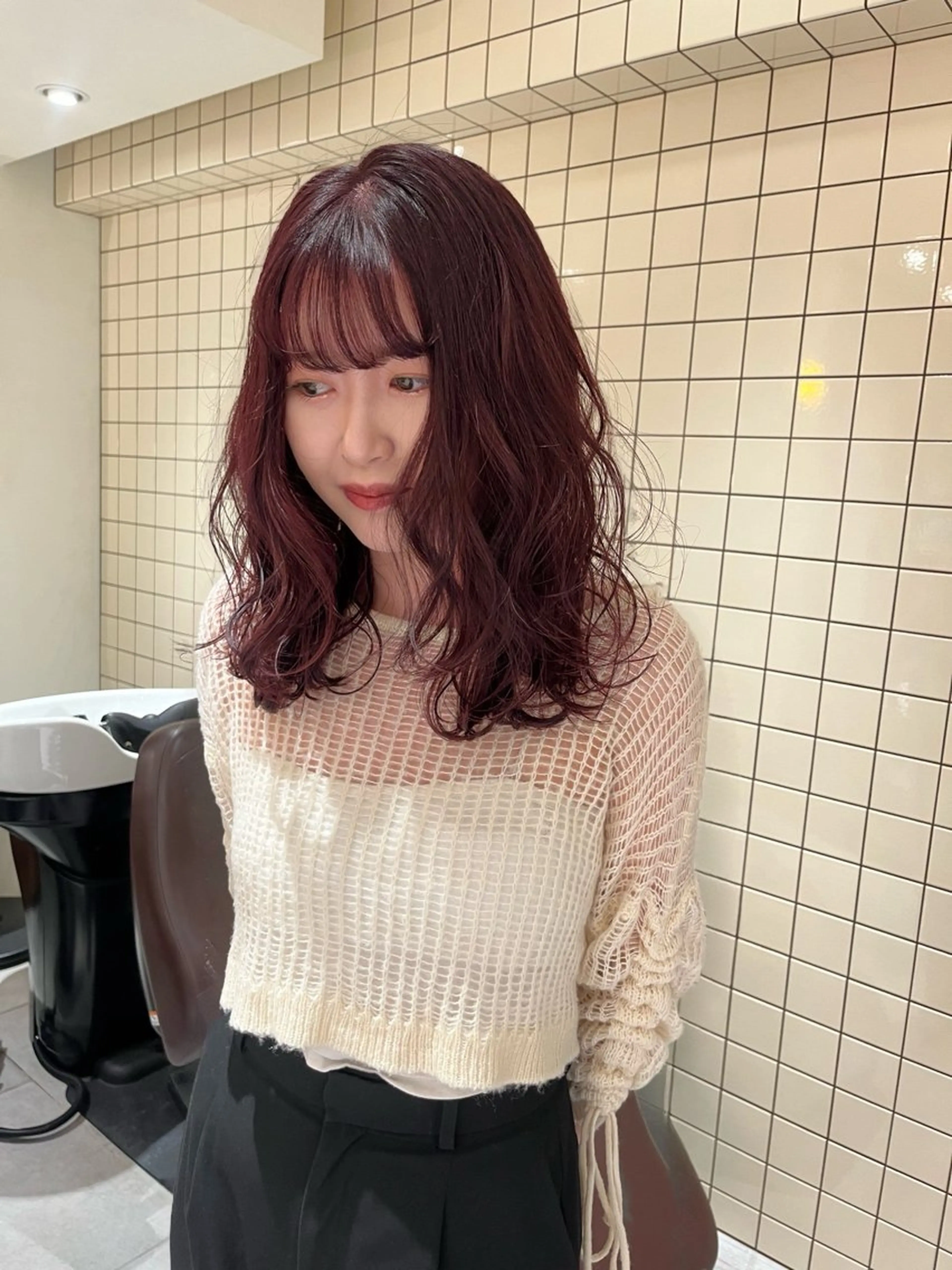 ミディアム カラー ブリーチ ブリーチなしカラー レッドカラー ヘアセット🎀パーマ Tsubasaのヘアスタイル