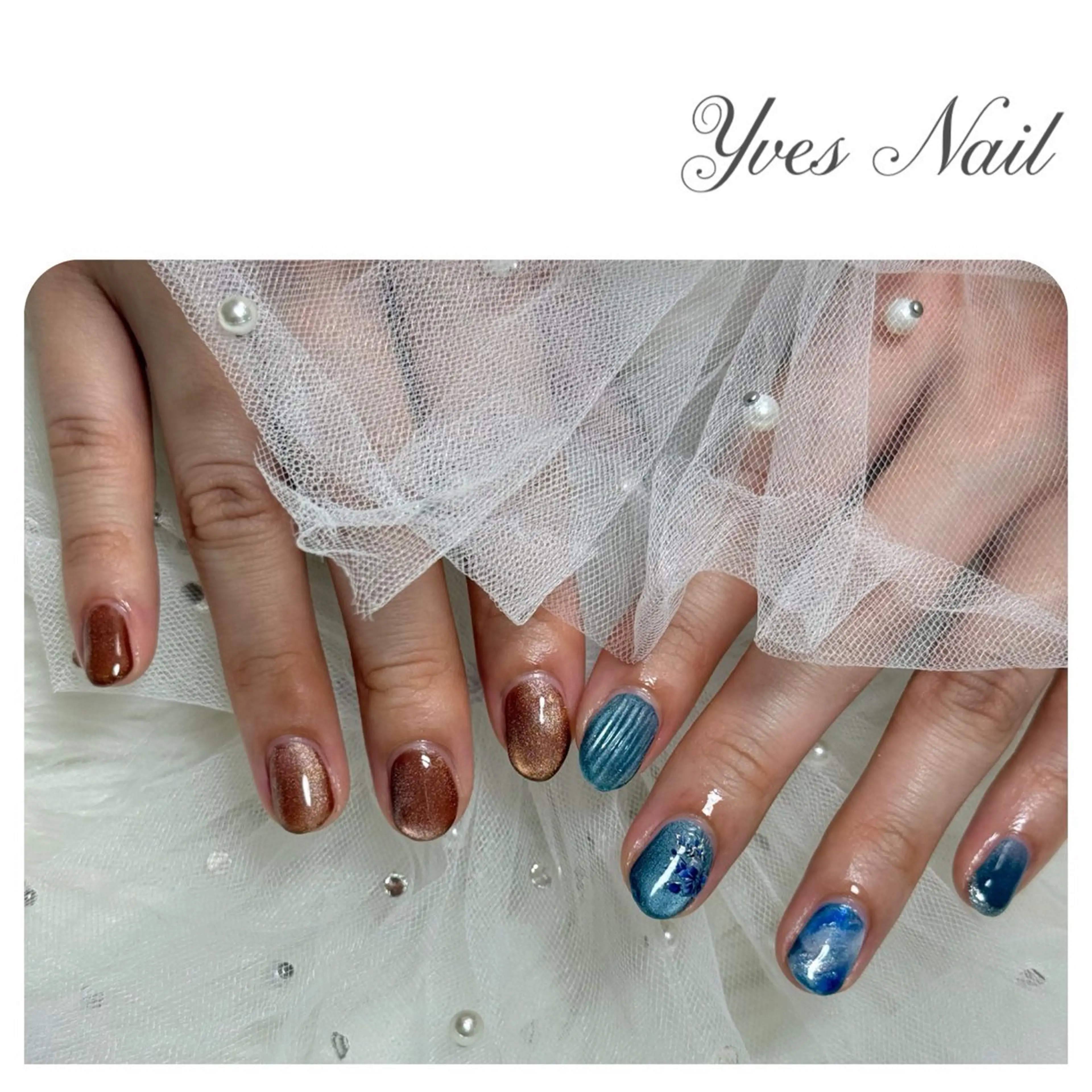 ネイル ブルー ブラウン マグネットネイル ハンドネイル kanno yのネイルデザイン