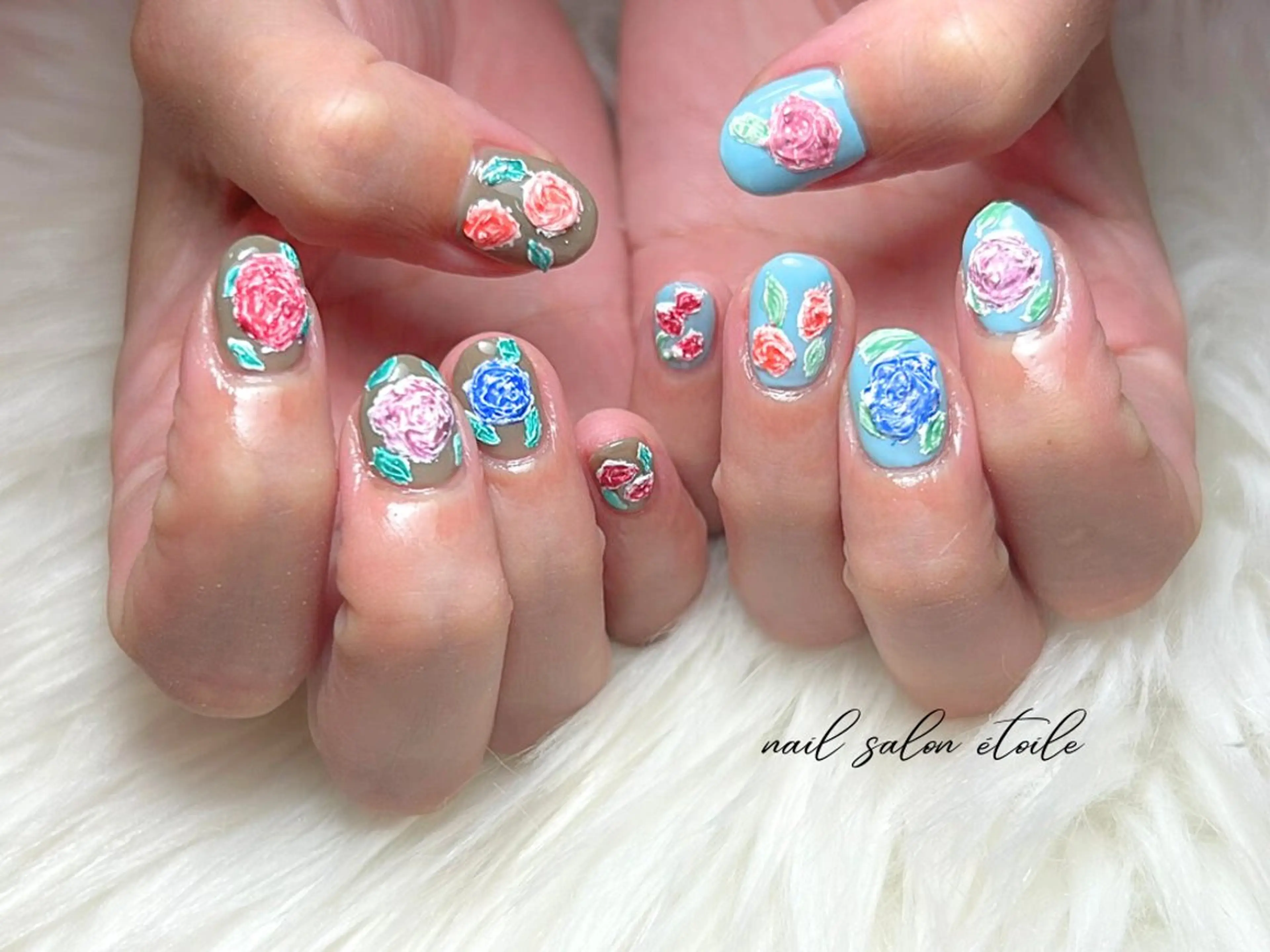 ネイル フラワーネイル 水色 マットネイル ハンドネイル nail salon étoileのネイルデザイン