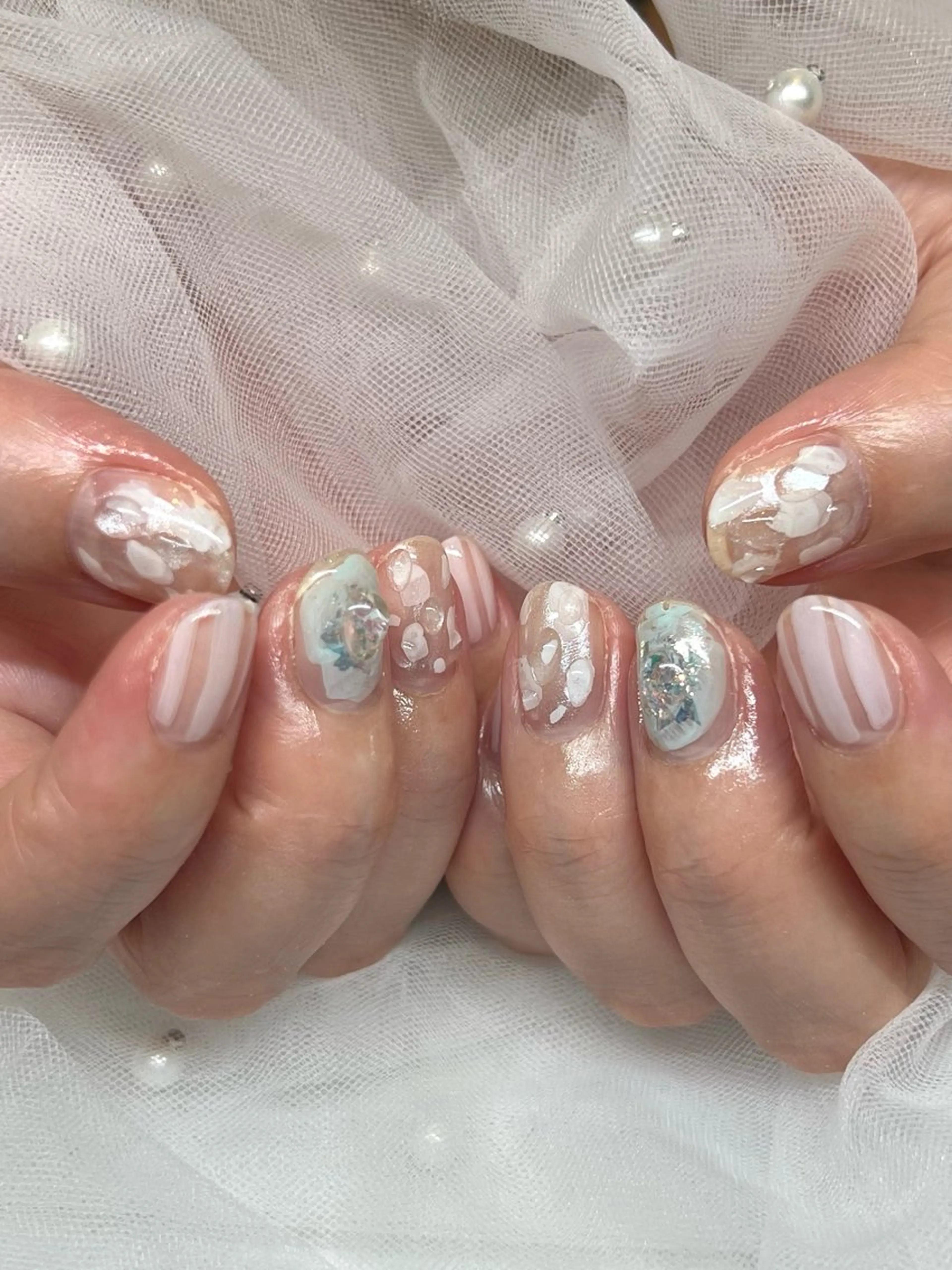 ネイル オーロラネイル 長さ出し フラッシュネイル フラワーネイル フットネイル ハンドネイル Cleo中目黒店 Hinahoのネイルデザイン