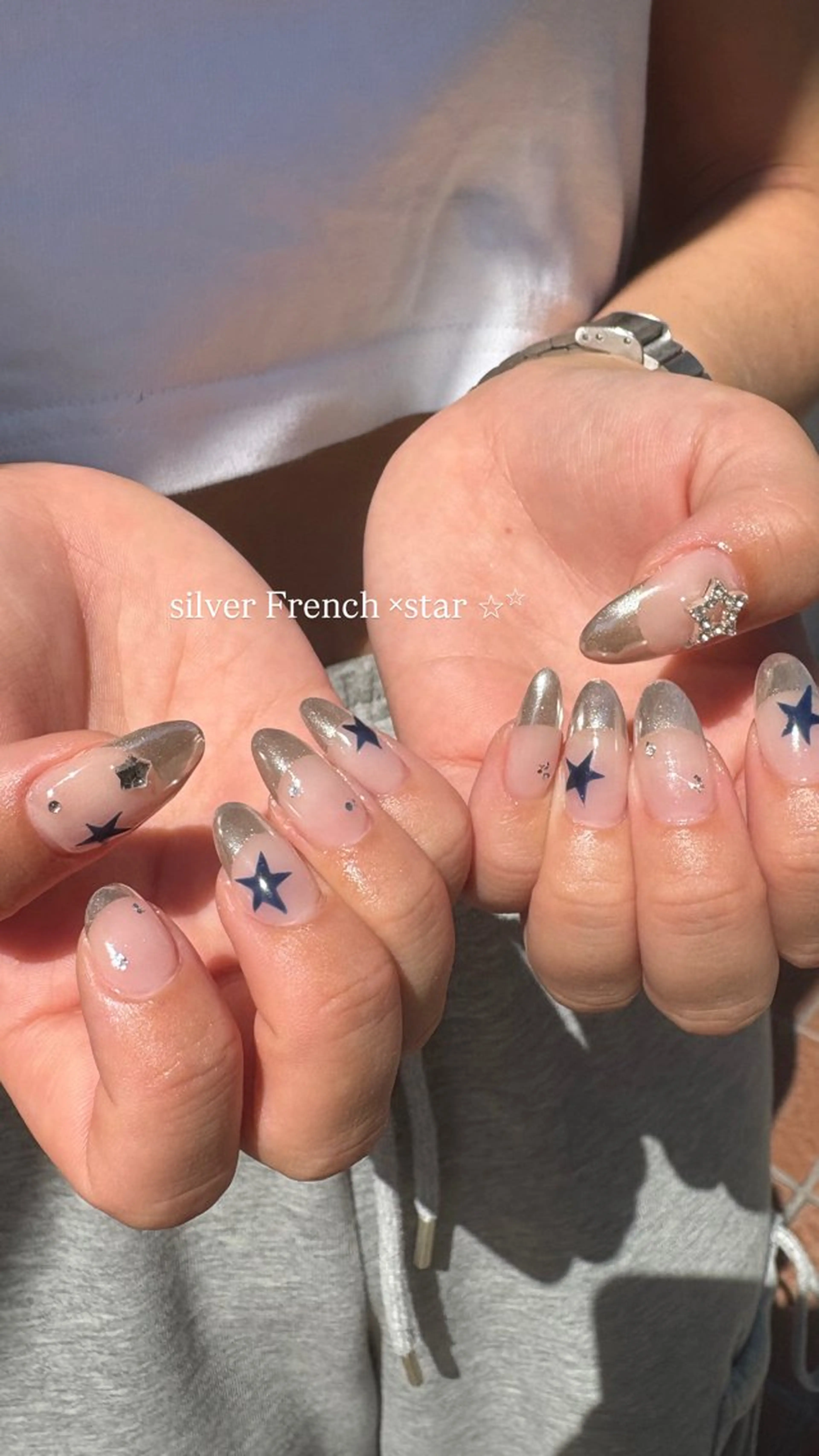 ネイル フレンチネイル ミラーネイル シルバー ハンドネイル ballie／小野原 なつみのネイルデザイン