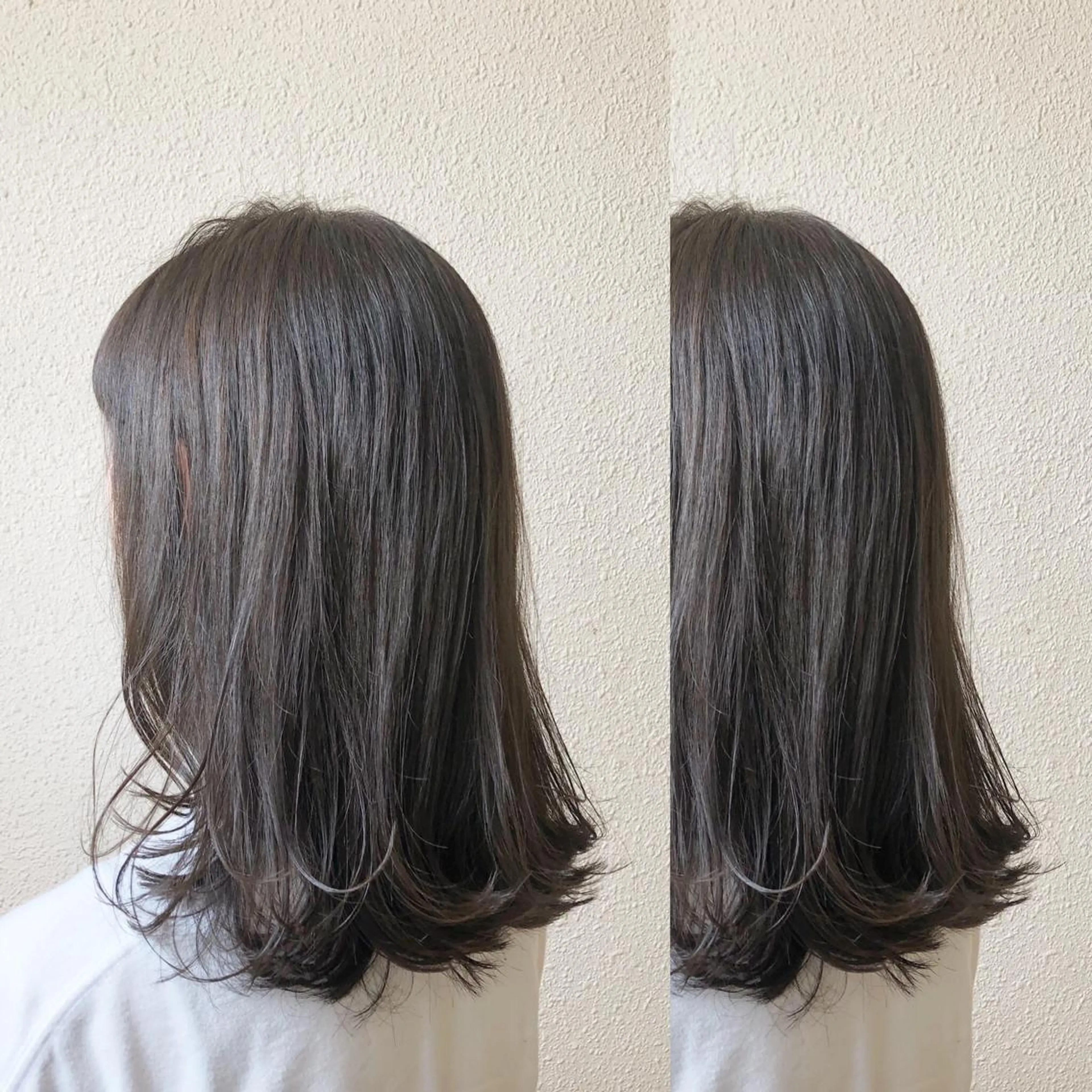 ミディアム カラー グレージュ カーキグレージュ カット 縮毛矯正 トリートメント 中司 莉菜のヘアスタイル