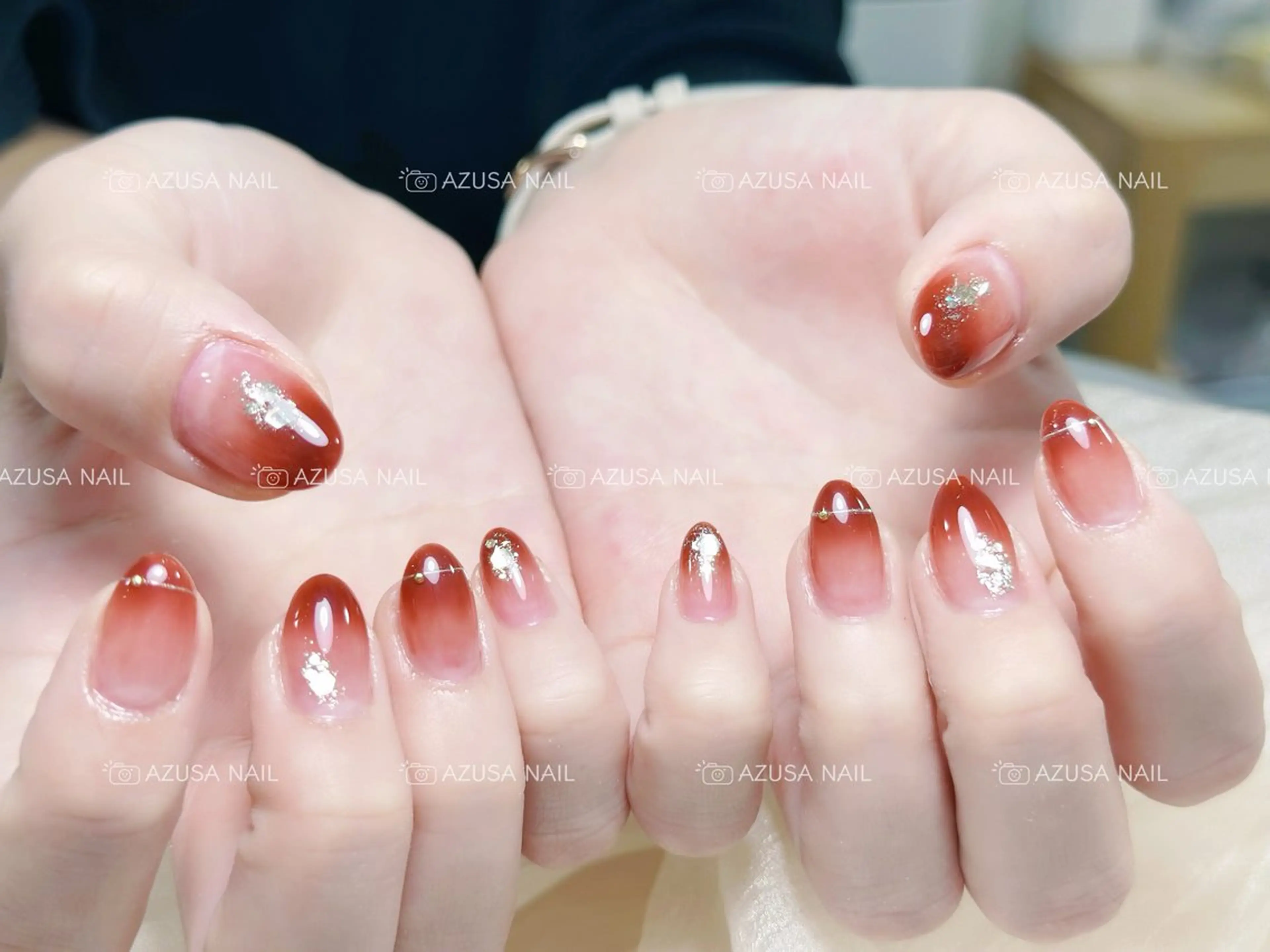 ネイル ブラウン グラデーション ミラーネイル 赤色 冬ネイル 🧸自宅ネイル あずさのネイルデザイン