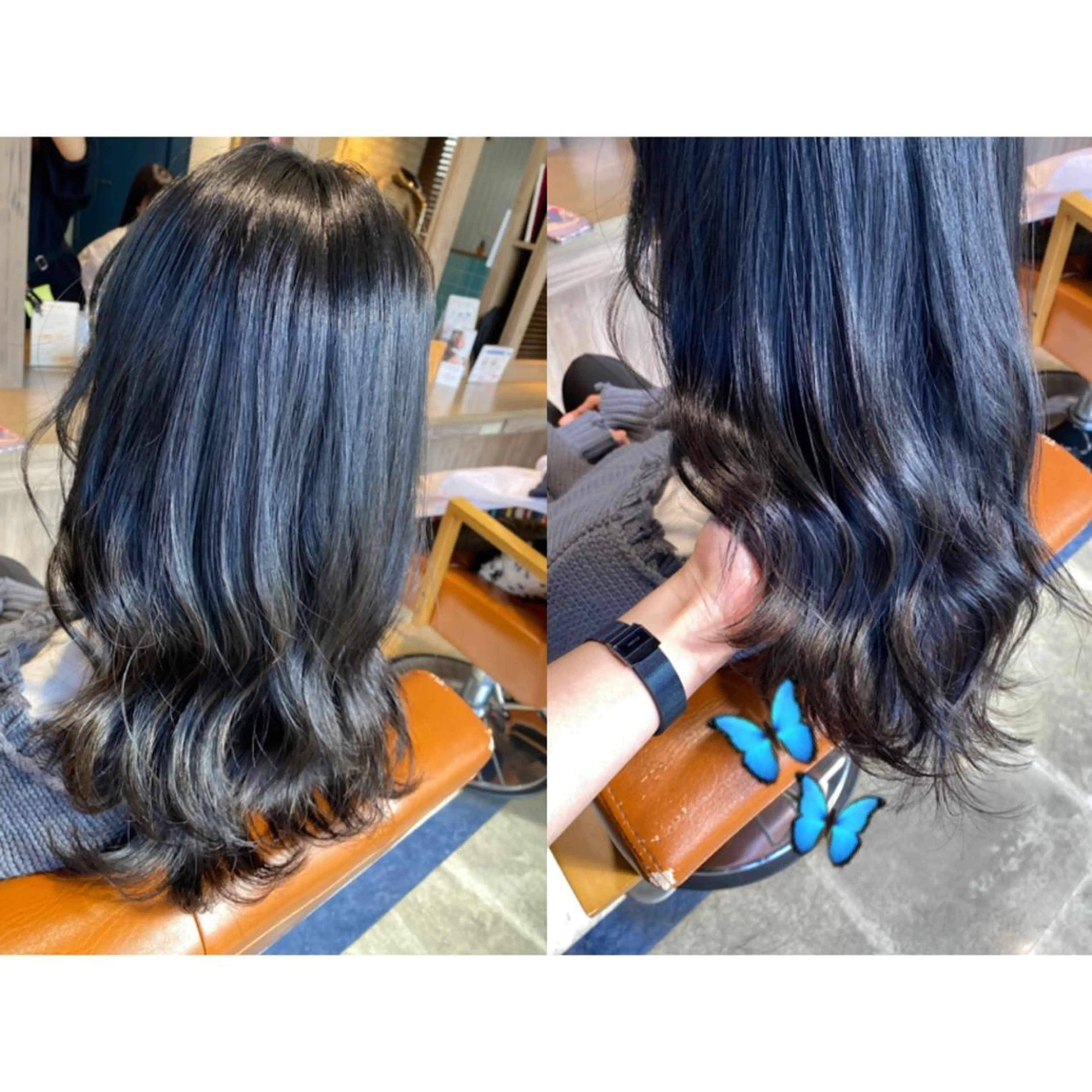 カラー 黒髪 ブリーチ ブルーカラー ブルーブラック ブリーチなしカラー 🐻結んで可愛い hair EMI🐻のヘアスタイル