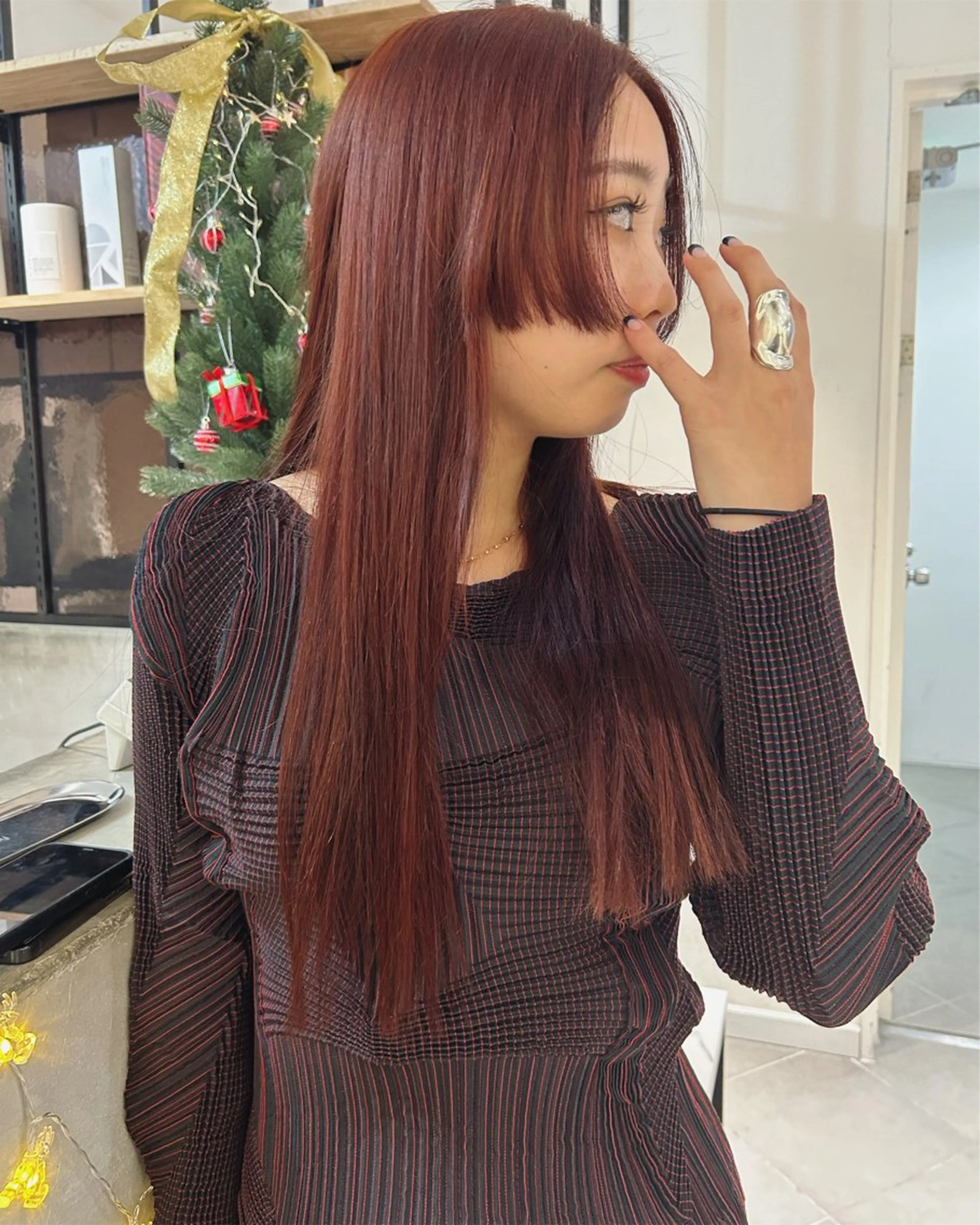 ロング カラー ダブルカラー オレンジ サイドバング カット ヘアカラー トリートメント 村上雅人 ナチュラルモードのヘアスタイル