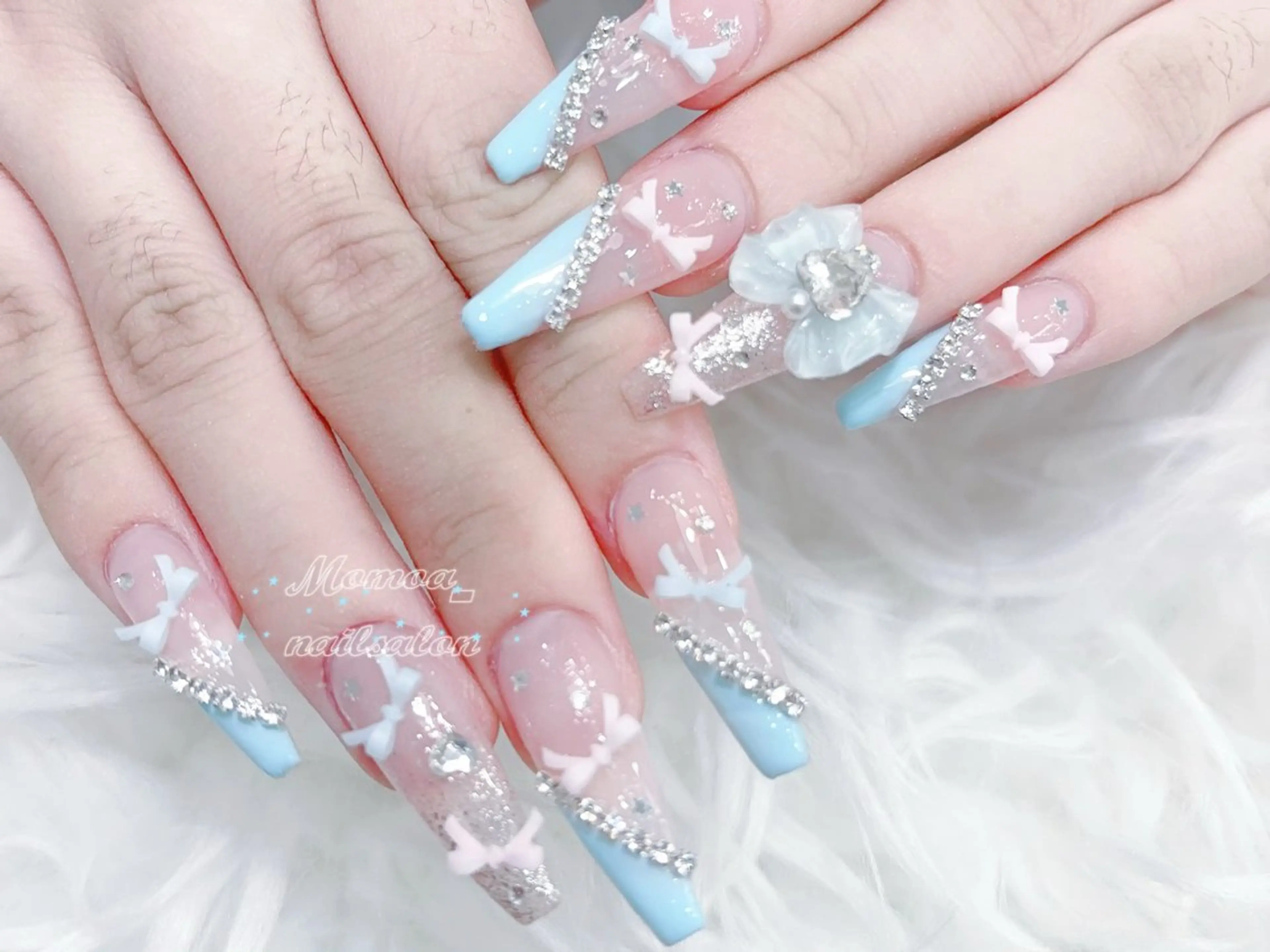 ネイル 成人式 大理石ネイル(マーブル) リボン 夏ネイル ネイルチップ ハンドネイル MoMoA Nail ネイル長さ出し専門店のネイルデザイン