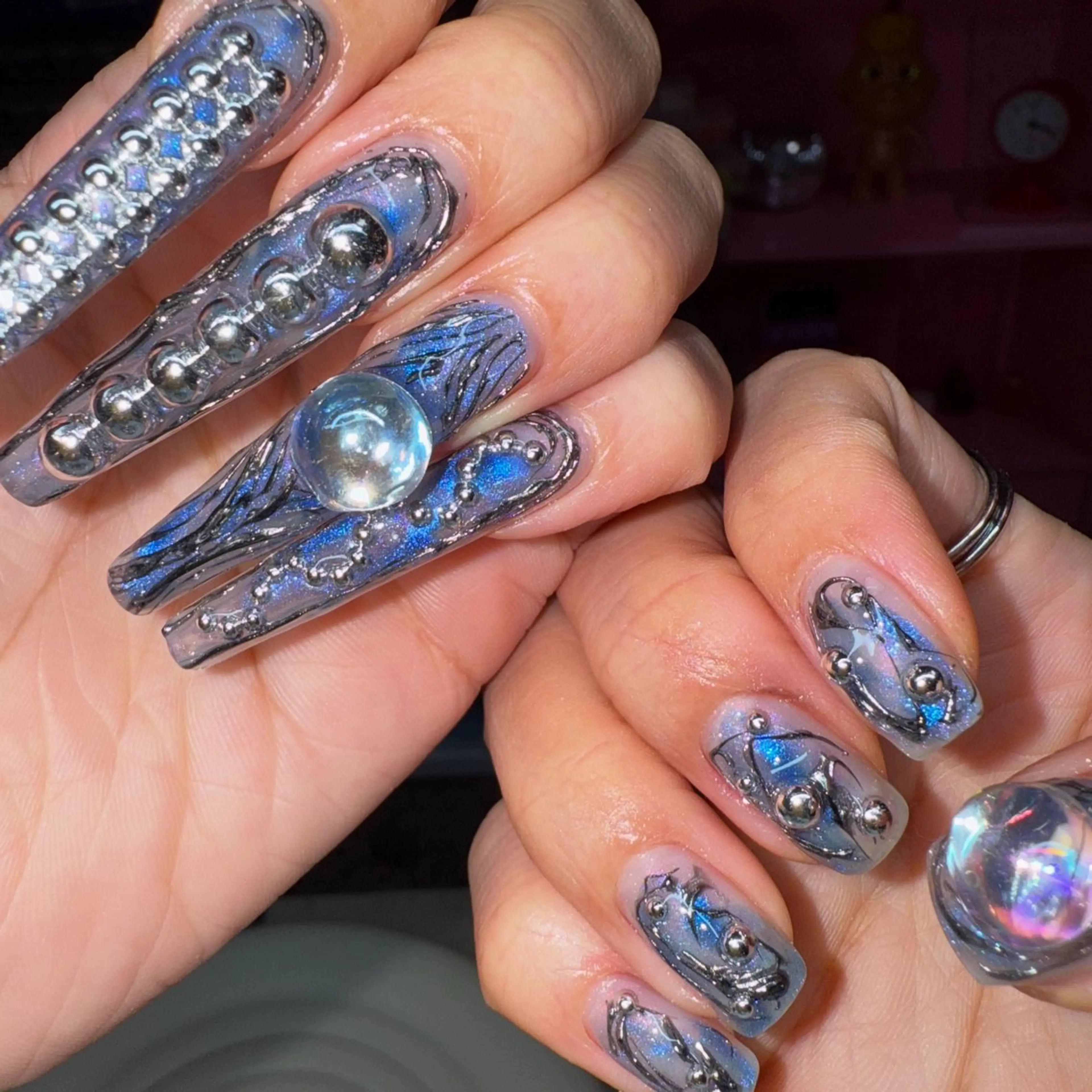 ネイル ブルー 長さ出し ロングネイル ニュアンスネイル シンプルネイル ハンドネイル posa nail モエミのネイルデザイン