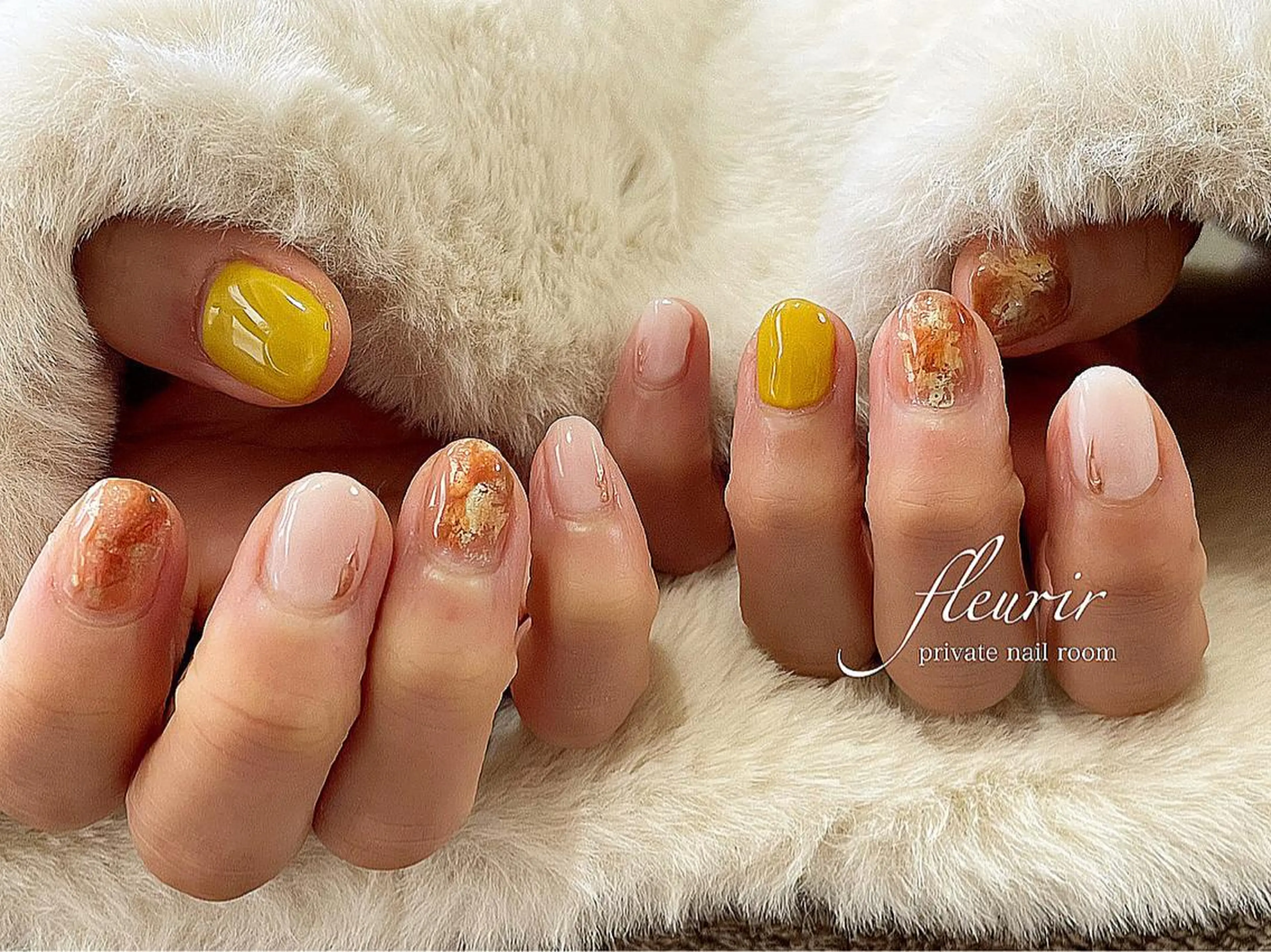 ネイル アートネイル ゴールド ミラーネイル オレンジ フルリール 【プライベートサロンのネイルデザイン