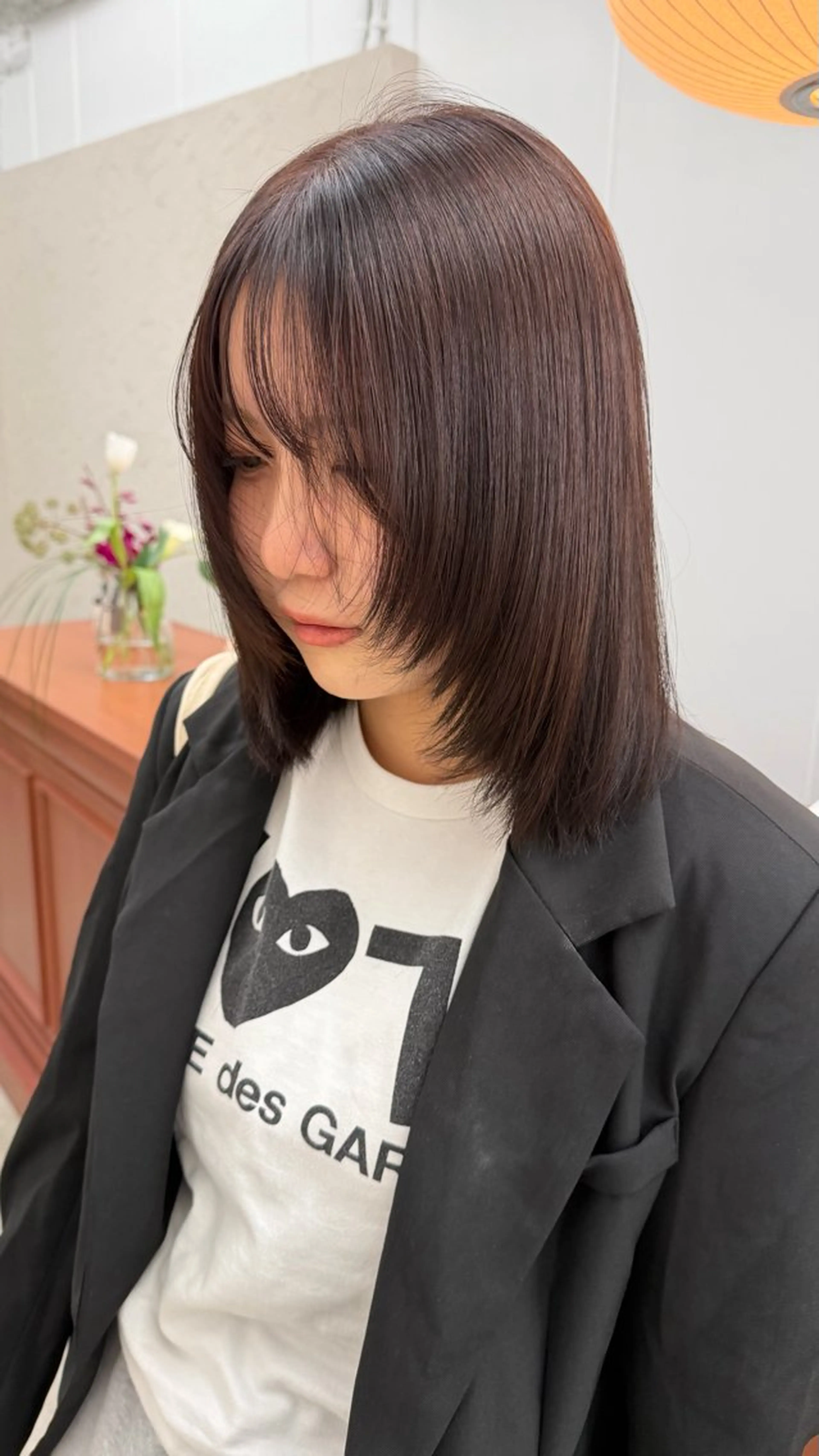 ミディアム 顔周りカット レイヤーカット ヘアカラー トリートメント mao/栄/tenn /暖色/ハイトーンのヘアスタイル