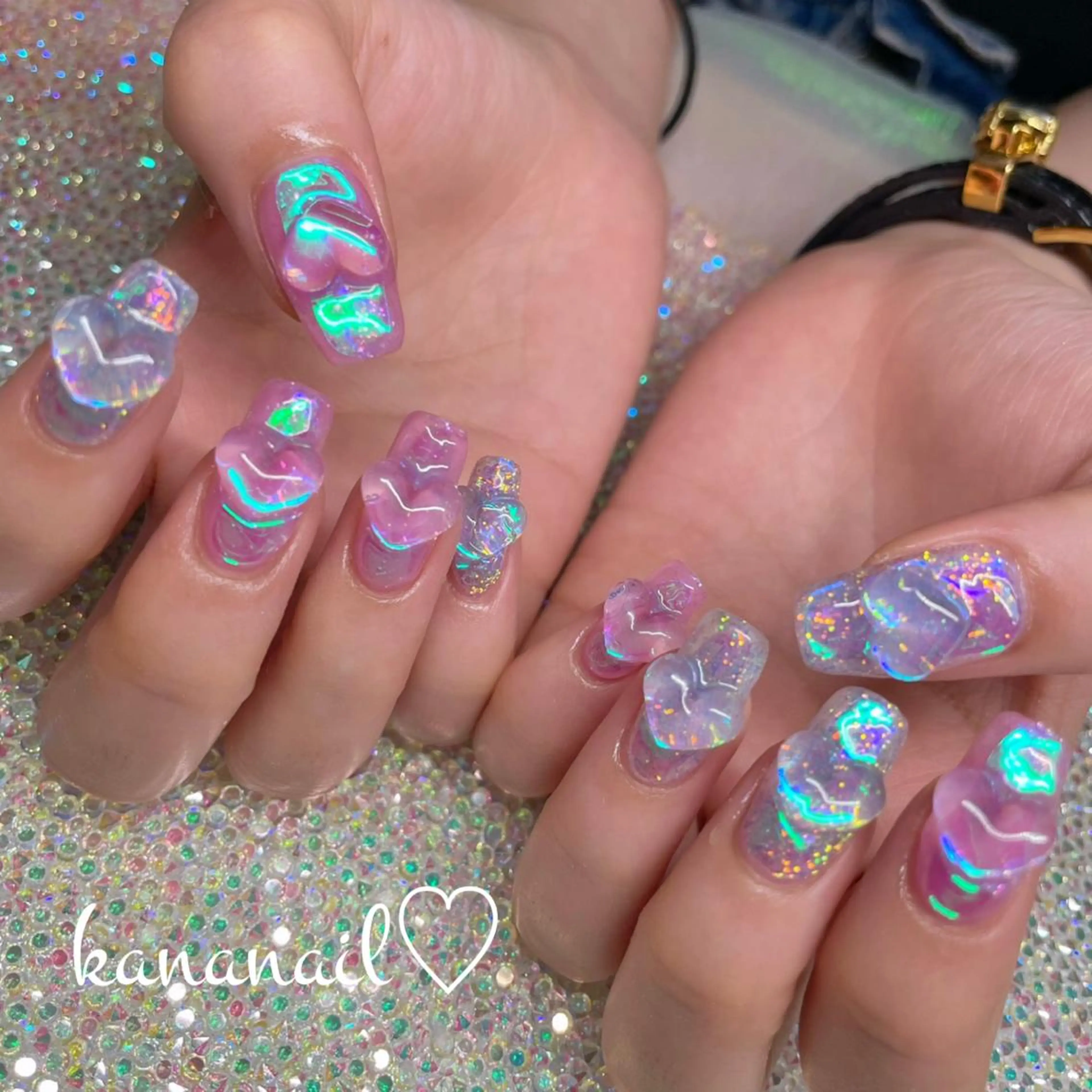 ネイル オーロラネイル ブルー クリアネイル 成人式 入学式 kananail ♡のネイルデザイン