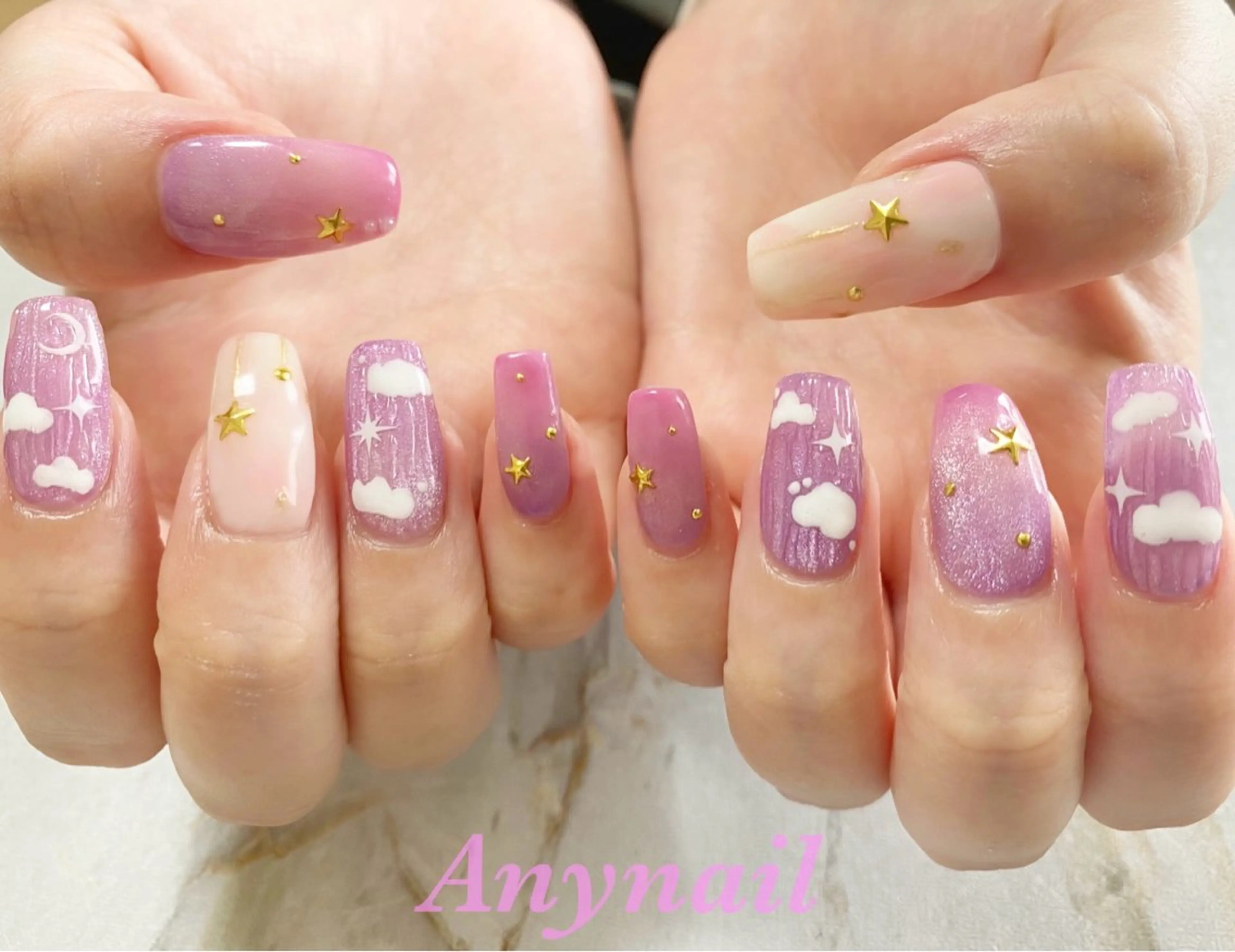 ネイル ブルー ハート マグネットネイル ピンク パープル 岩澤 恵子のネイルデザイン