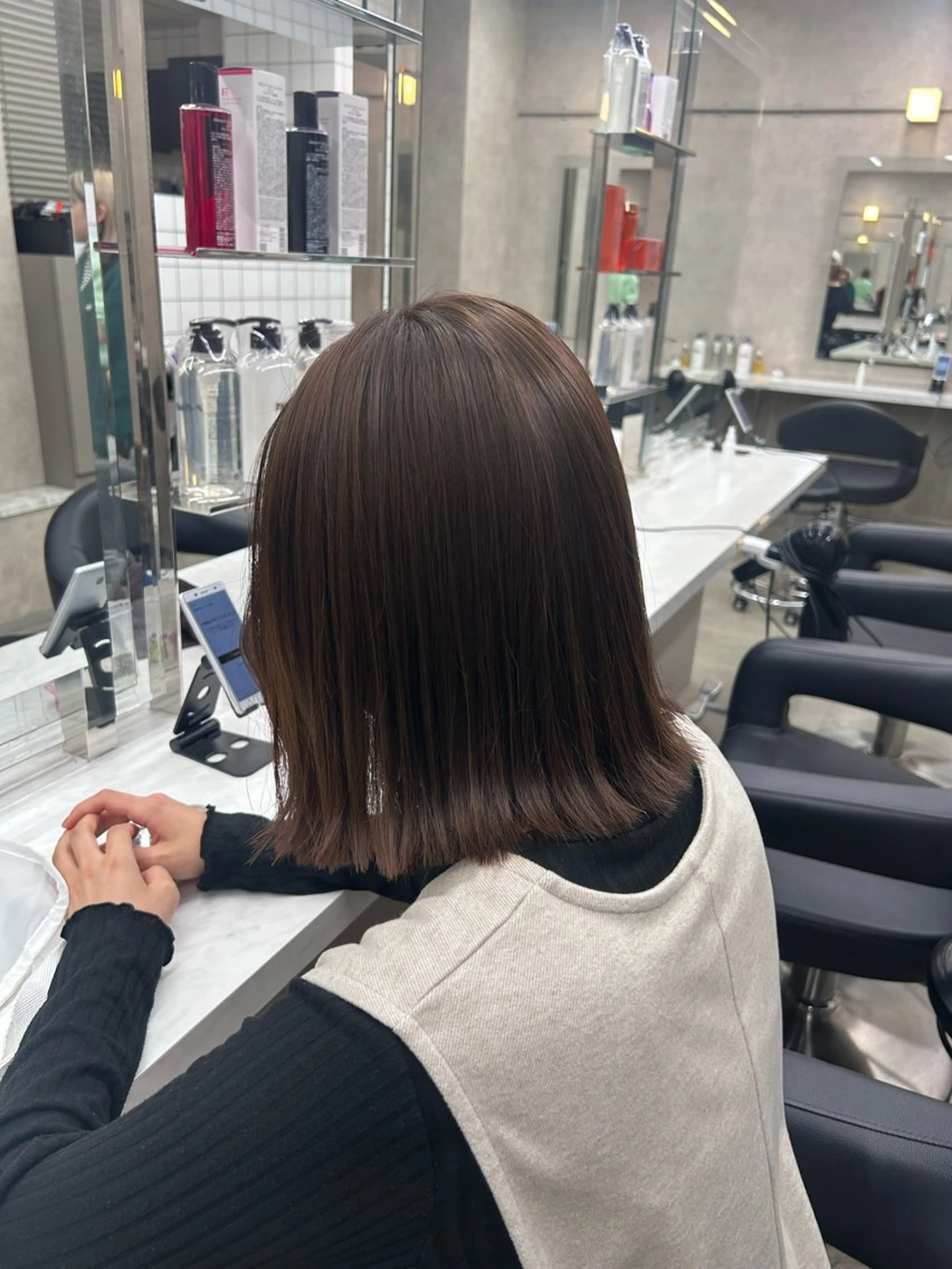 セミロング カラー パーマ ヘアアレンジ メンズ キッズ ヘアカラー トリートメント ヘアセット ブリーチなしカラー/ ブラウン/レイヤーのヘアスタイル