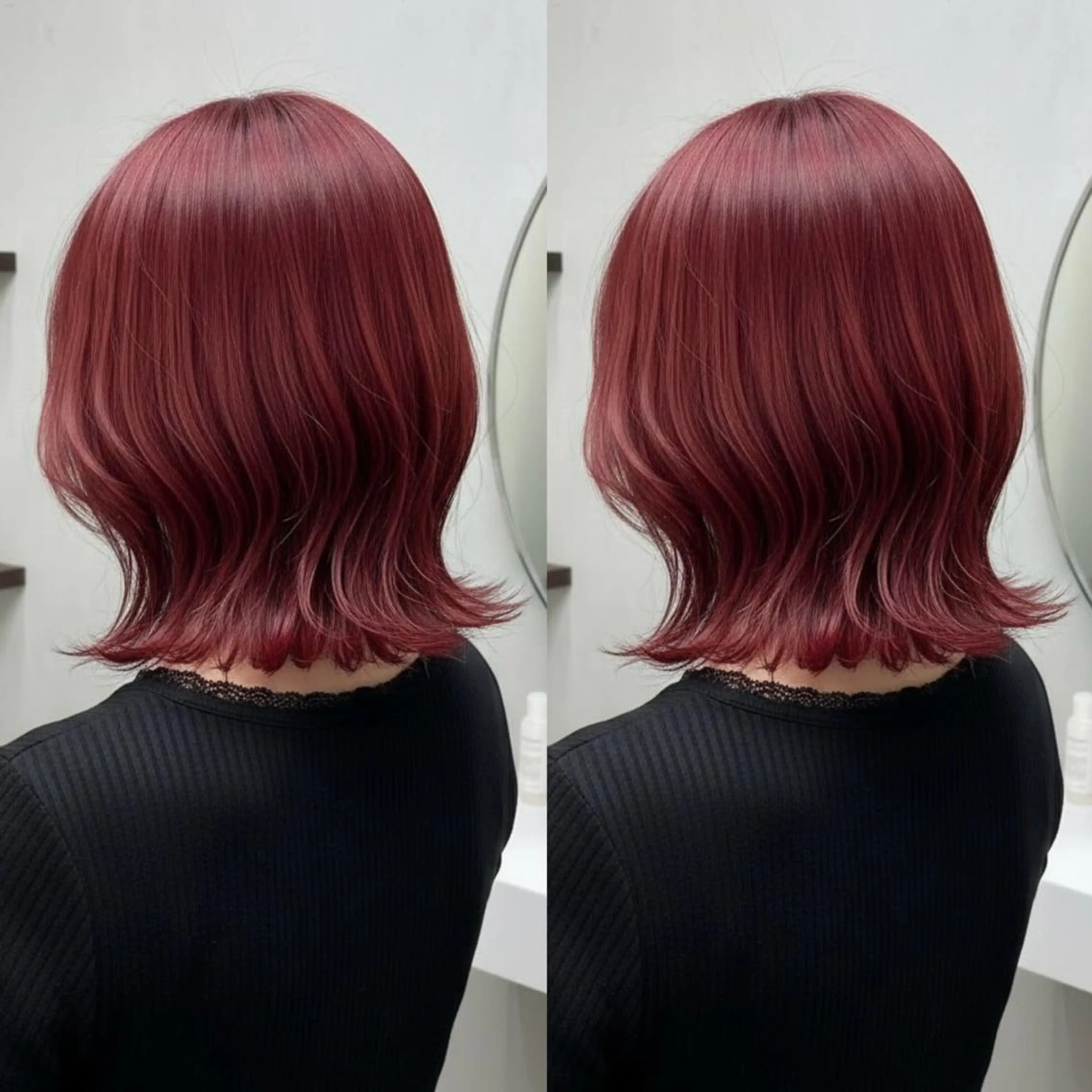 ミディアム 💕透明感赤味カラー ぱっつんボブ🩷のヘアスタイル